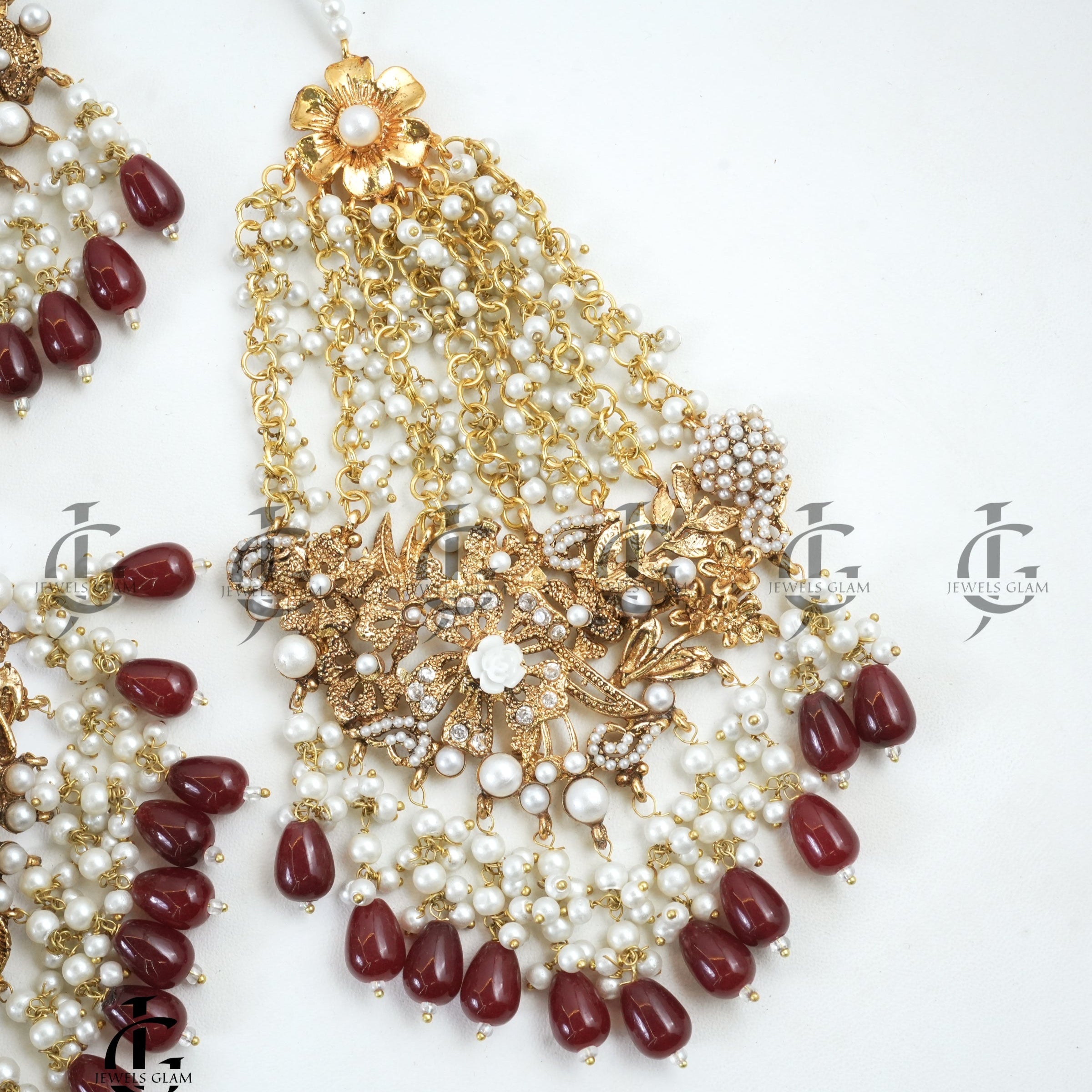 Matte Gold Turkish Collar Set With Deep Red and Pearl Accents