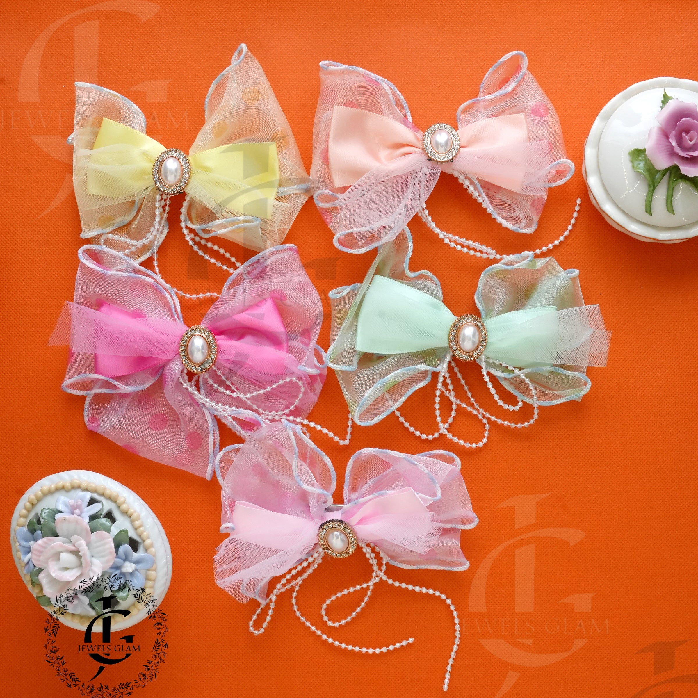 Pastel Sheer Bow Hair Clips with Pearl Embellishments