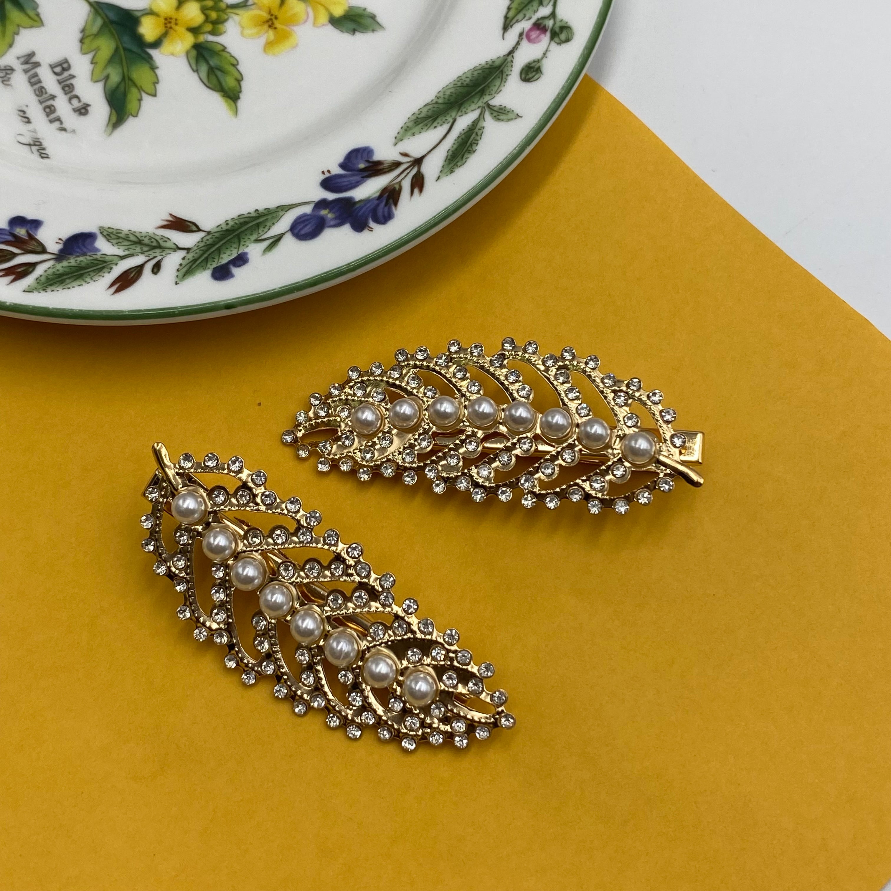 Elegant Gold Pearl & Crystal Leaf Hair Pin Pair