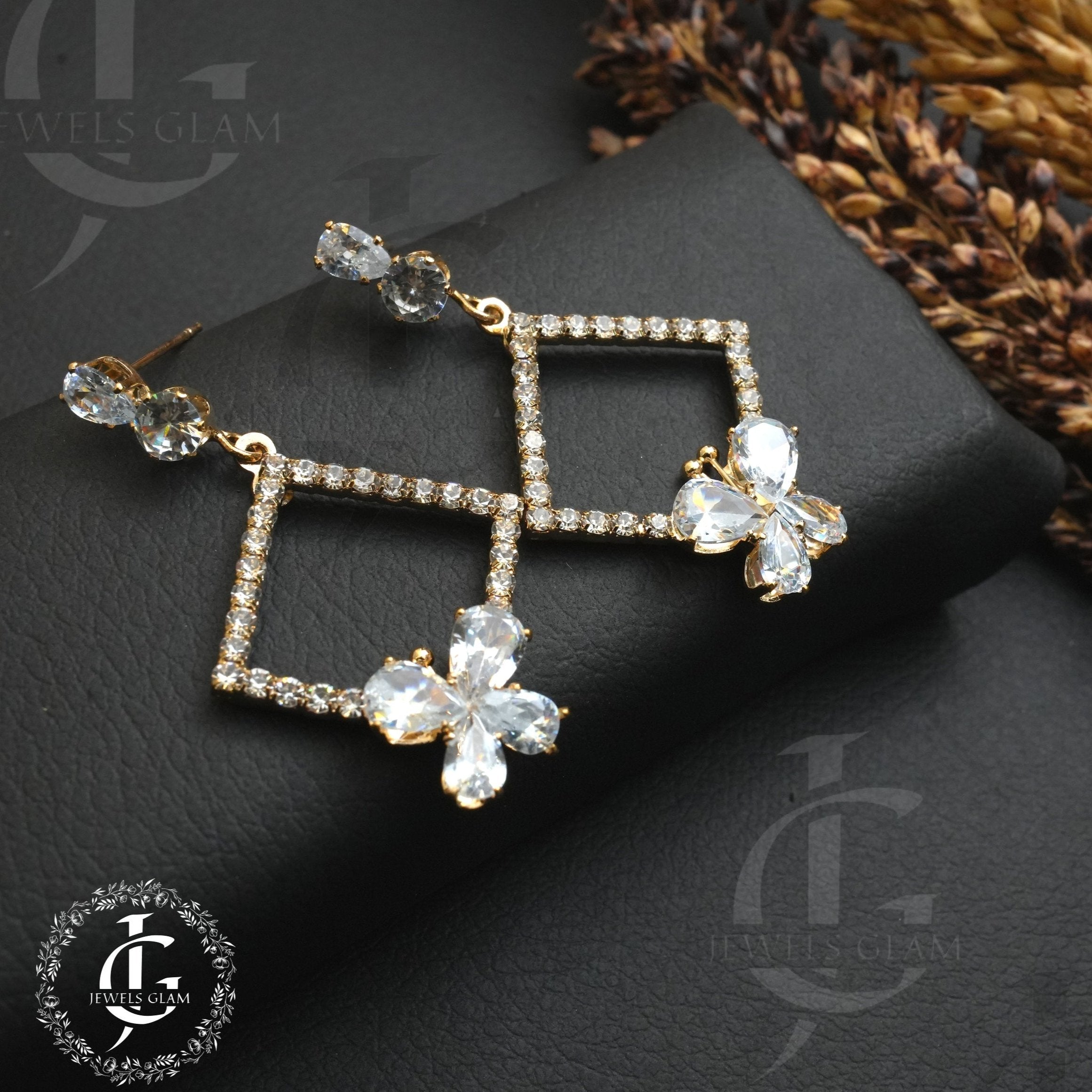 Golden Zircon Earrings With White Accent