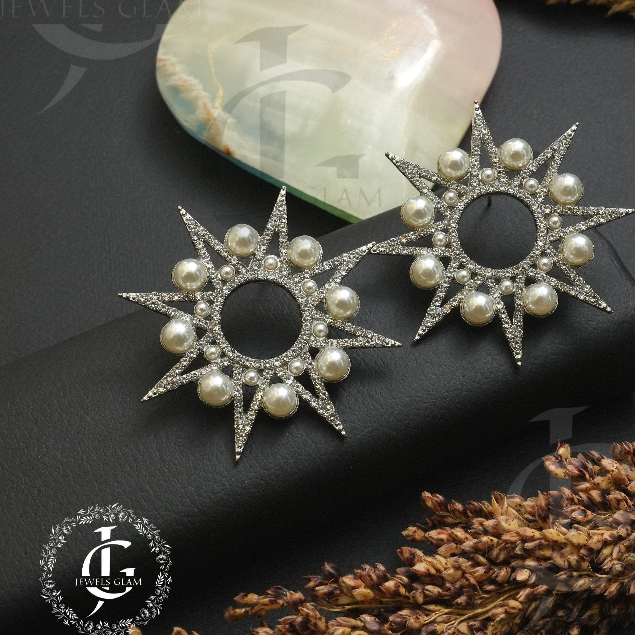 Silver Sunburst Pearl Statement Stud Earrings