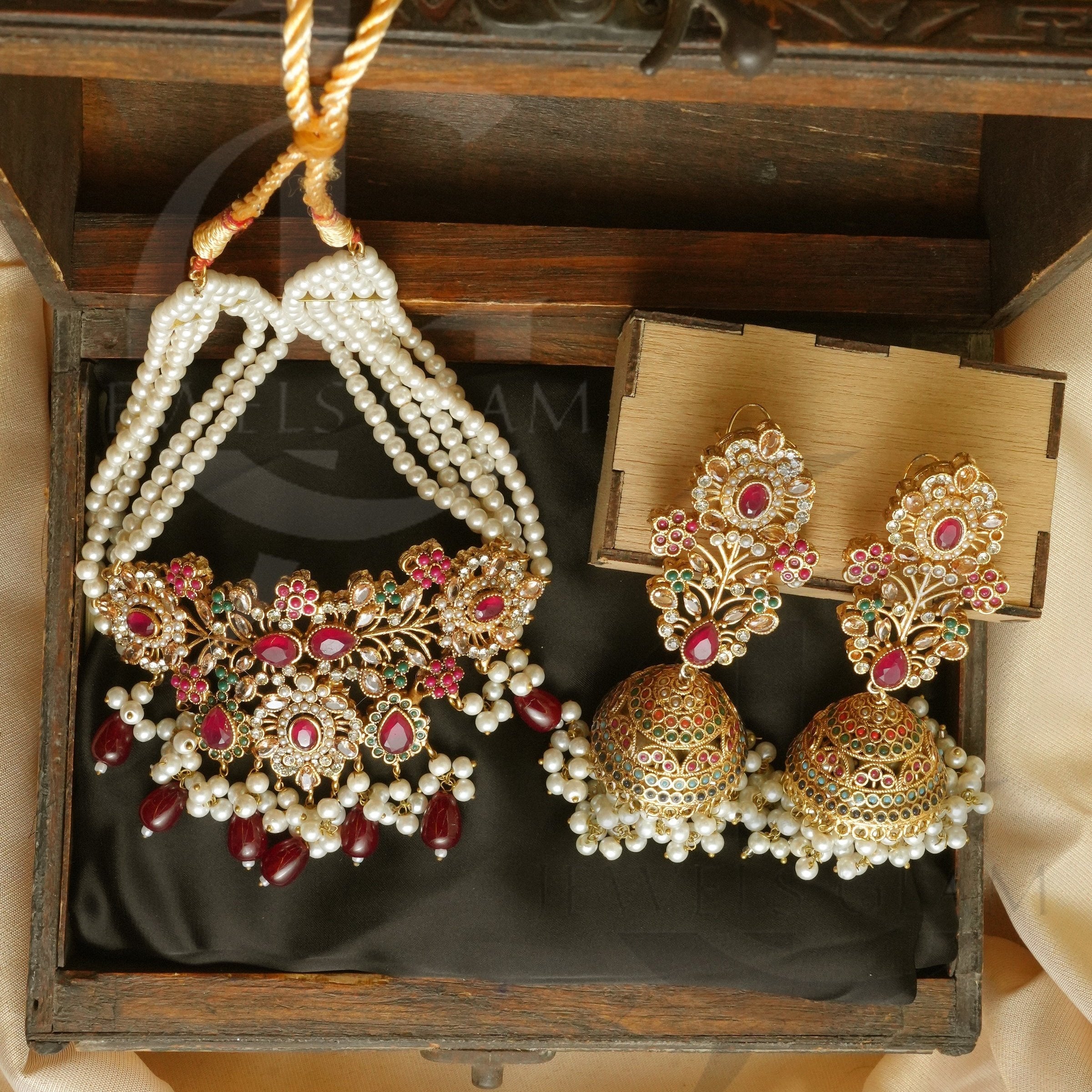 Royal Ruby and Pearl Bridal Jewelry Set