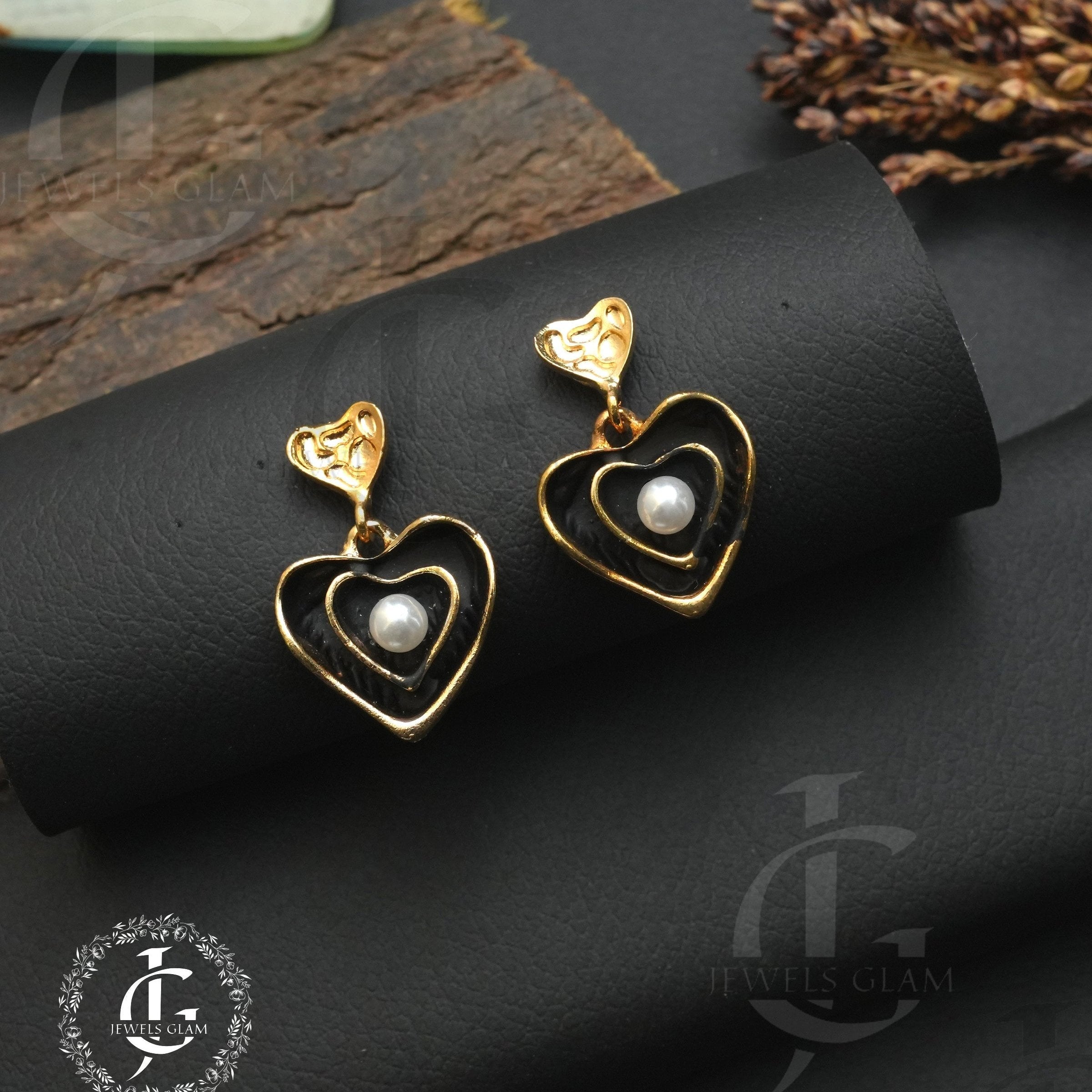 Black & Gold Heart Pearl Drop Earrings