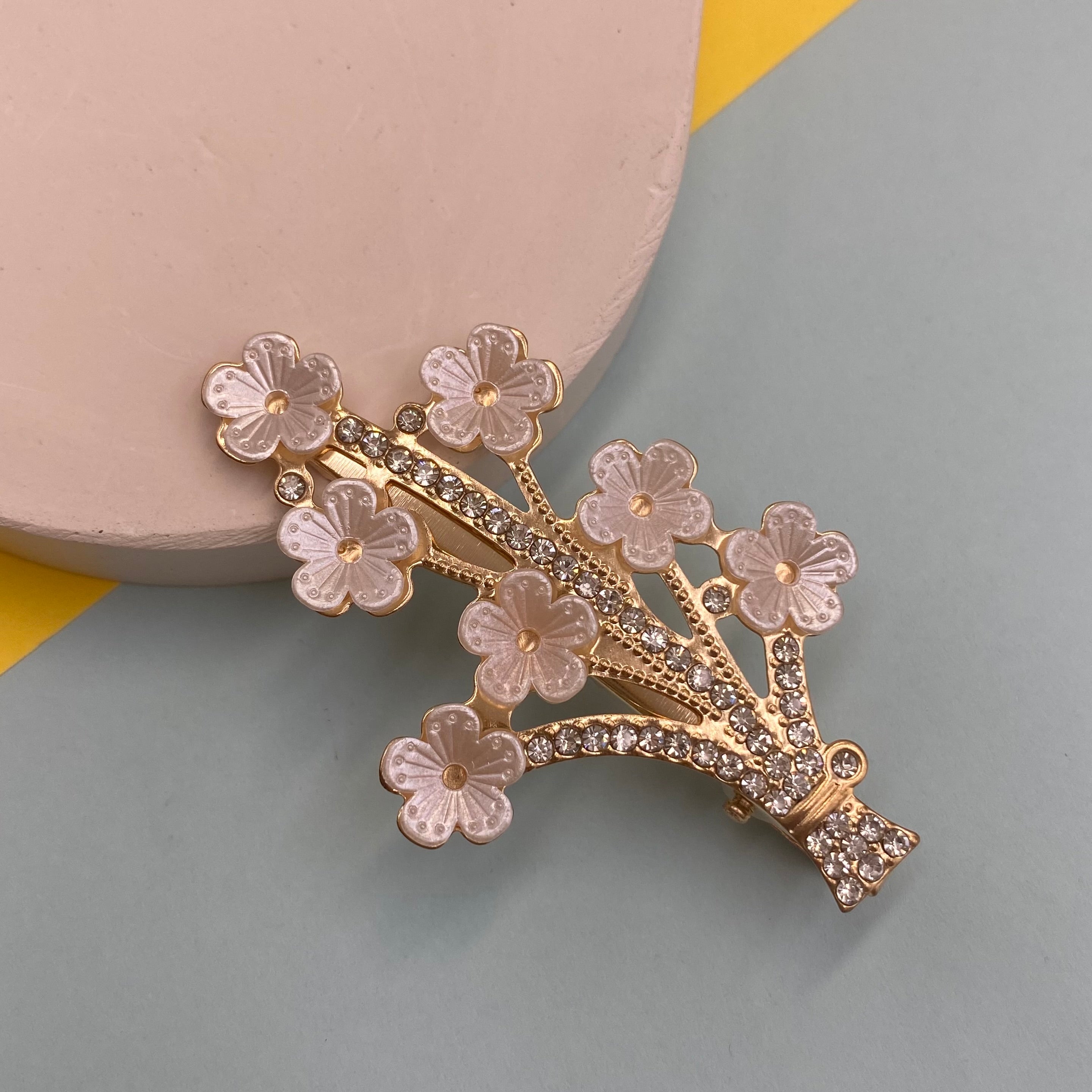 Golden Floral Branch Hair Clip with Rhinestones