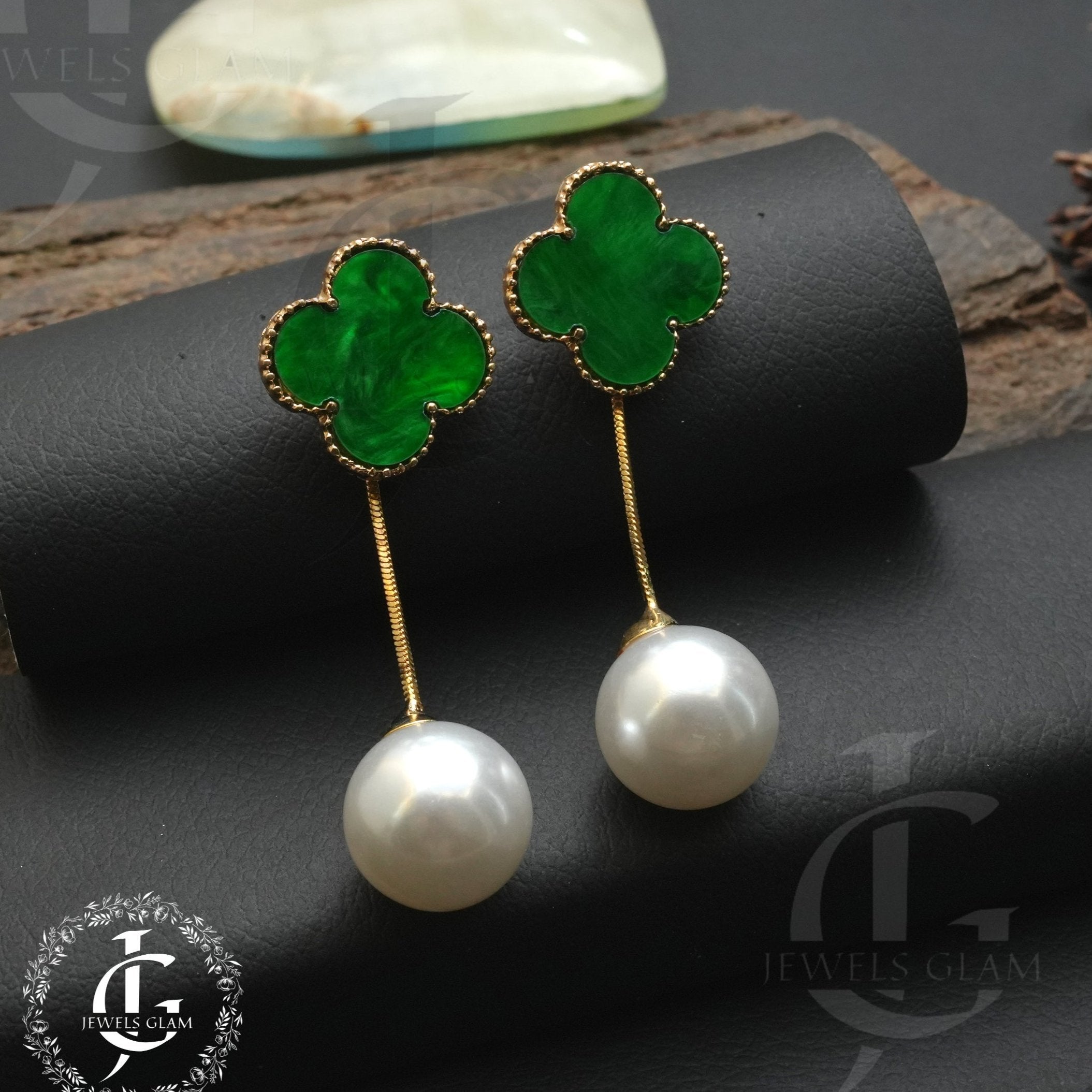 Green Clover Pearl Drop Earring Silver