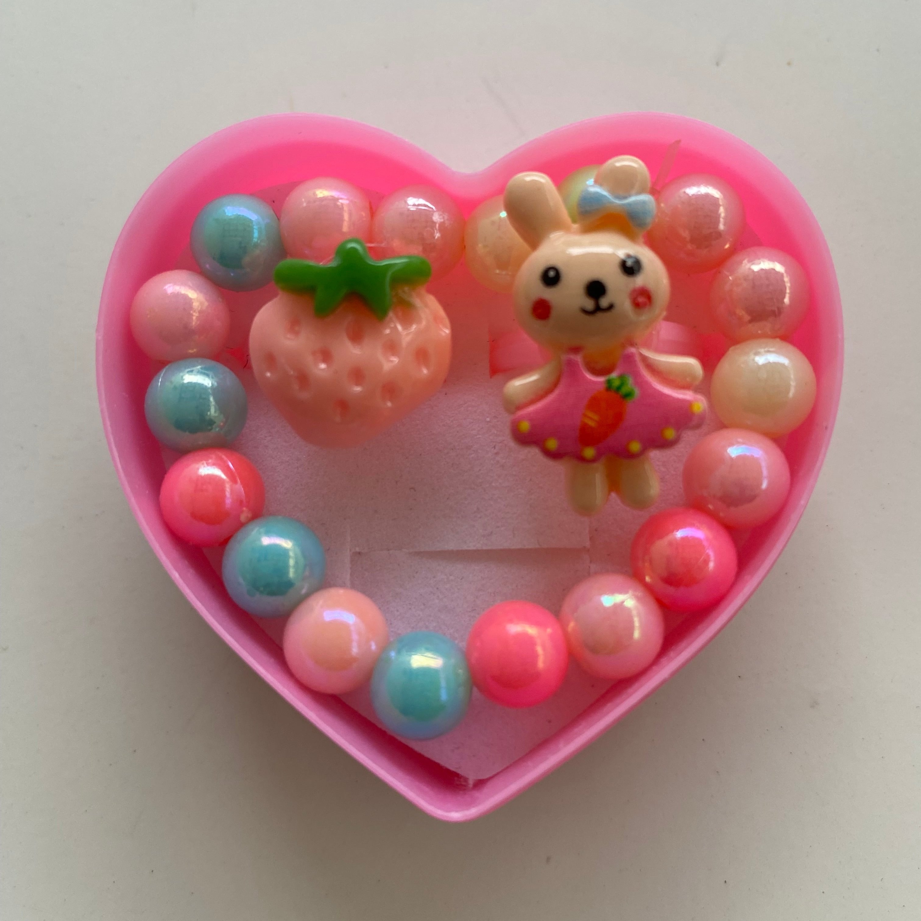 Strawberry Bunny Charm Bracelet & Rings Set for Kids