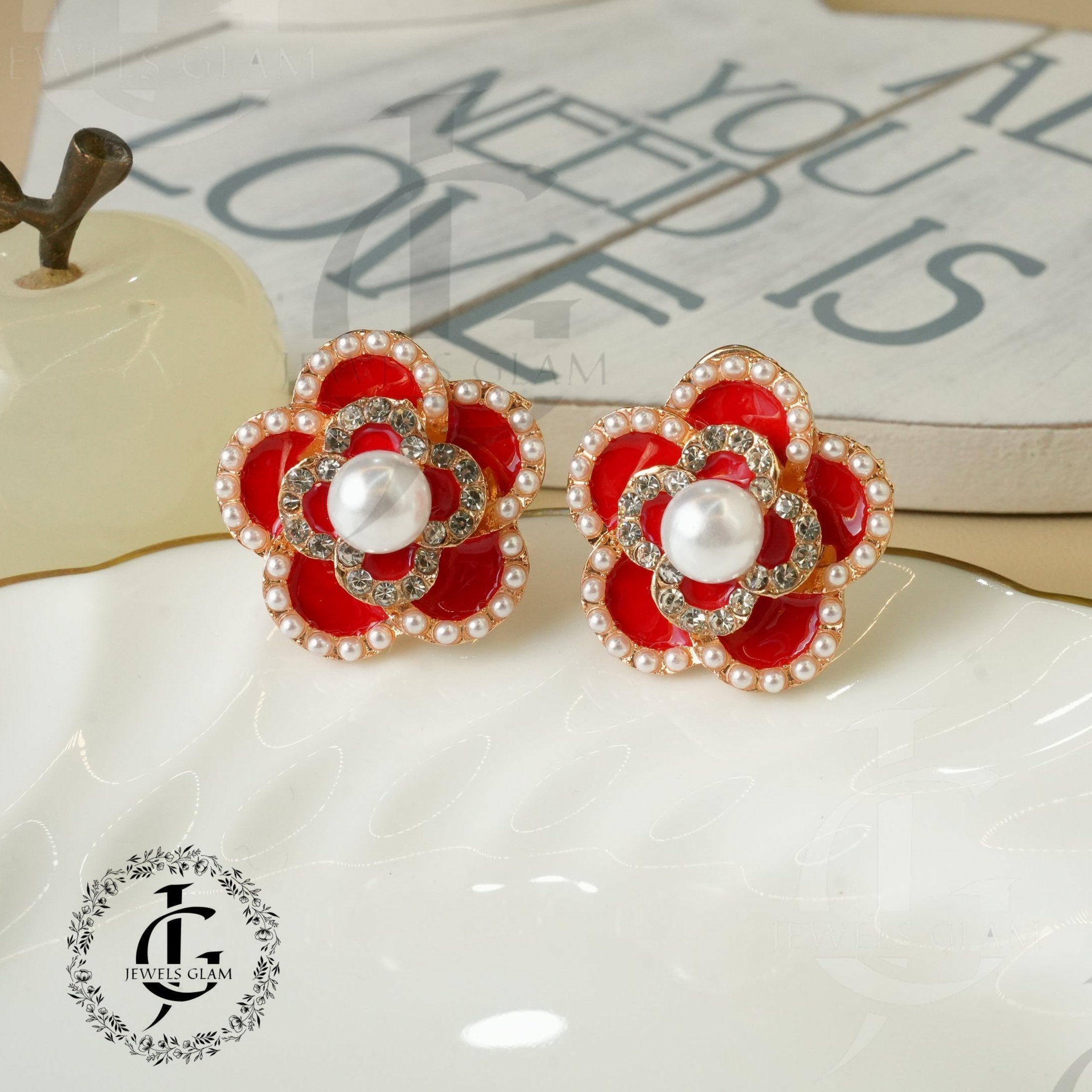 Enamel Floral Stud Earring with white Accents and Pearl