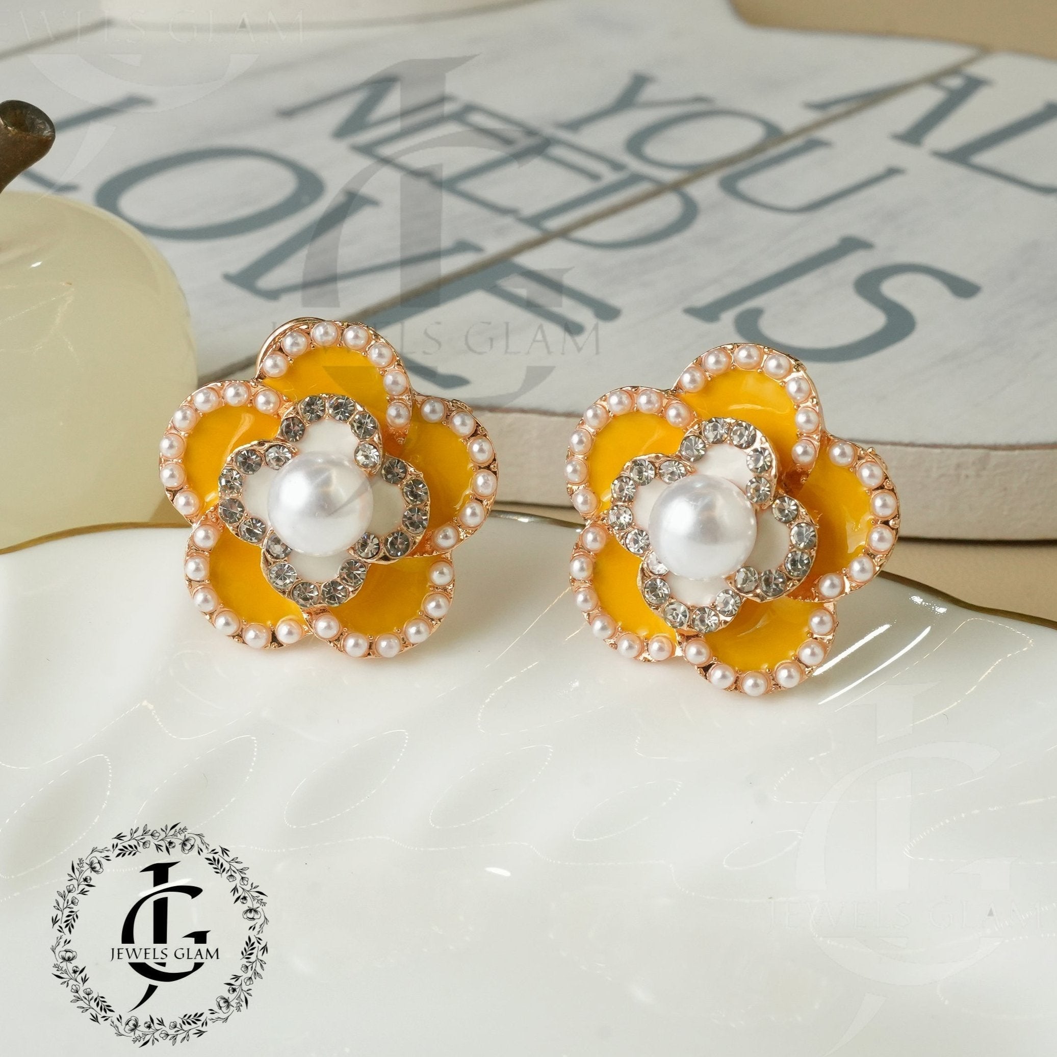 Enamel Floral Stud Earring with white Accents and Pearl