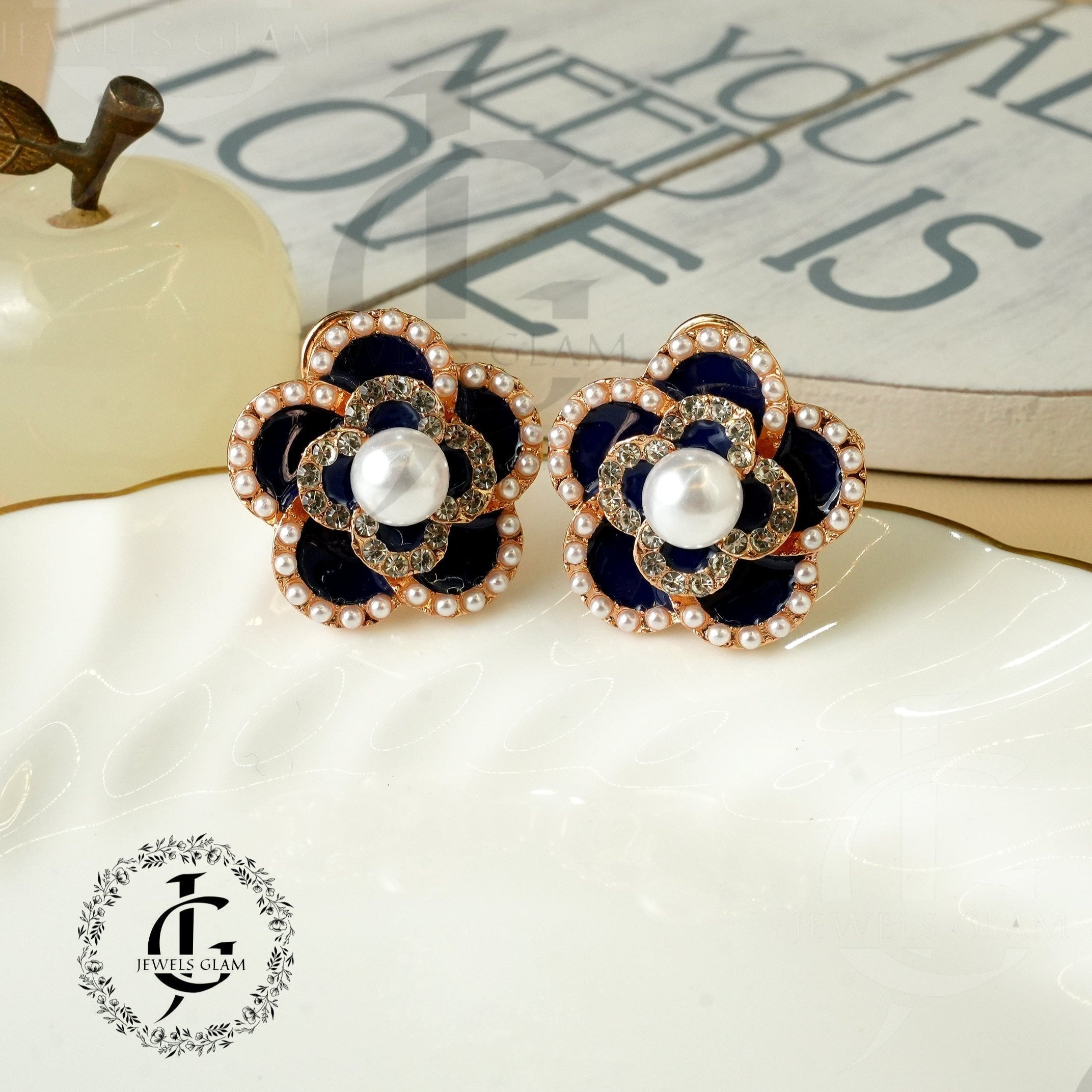 Enamel Floral Stud Earring with white Accents and Pearl