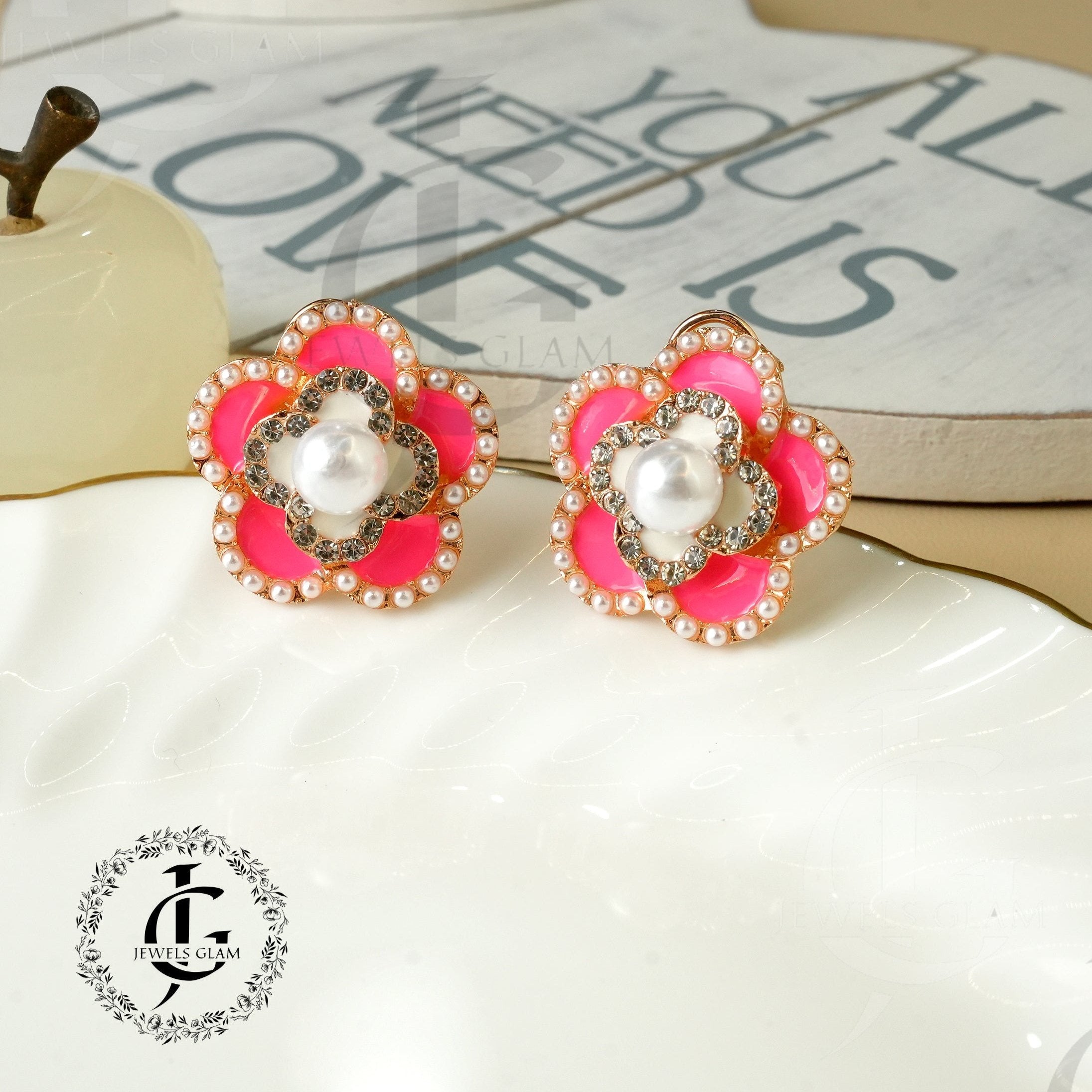 Enamel Floral Stud Earring with white Accents and Pearl