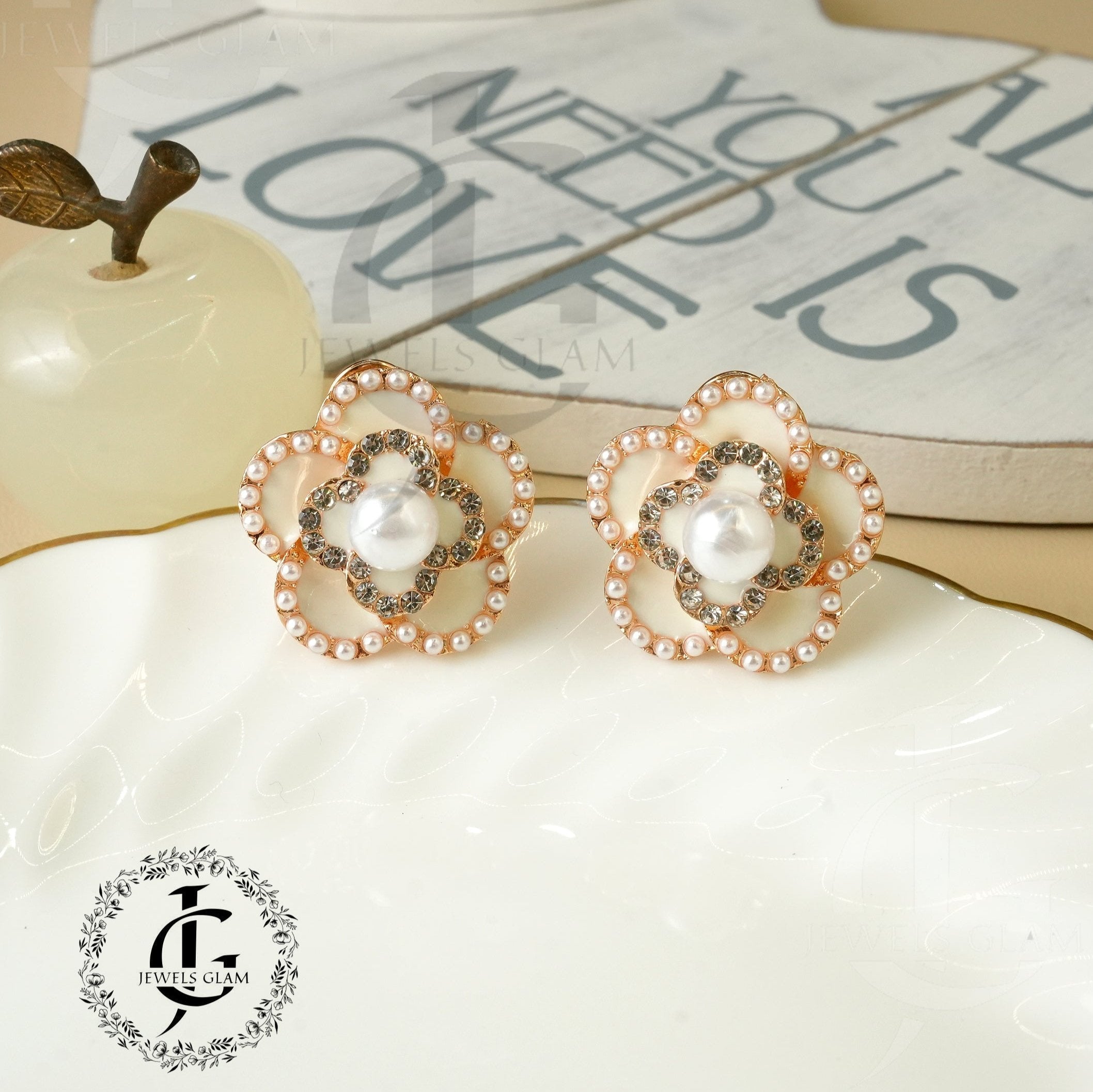 Enamel Floral Stud Earring with white Accents and Pearl