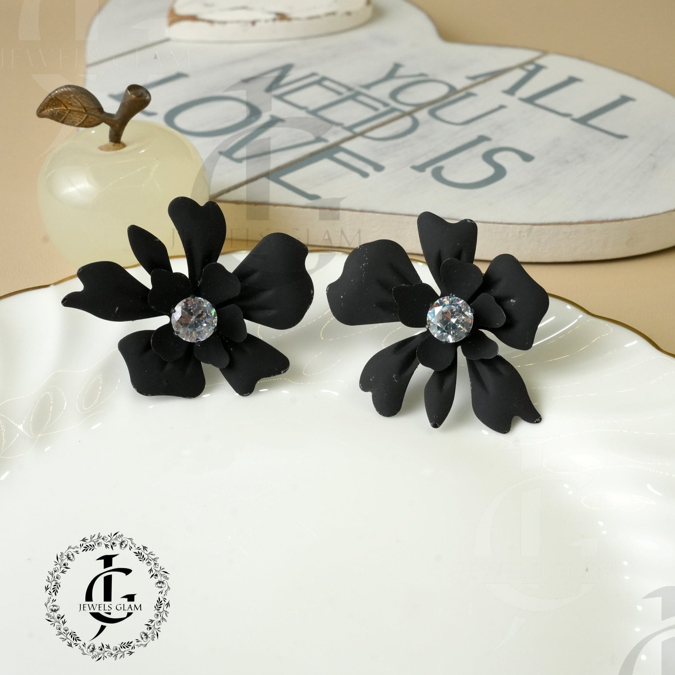 Matte Black Double Petal Stud Earrings