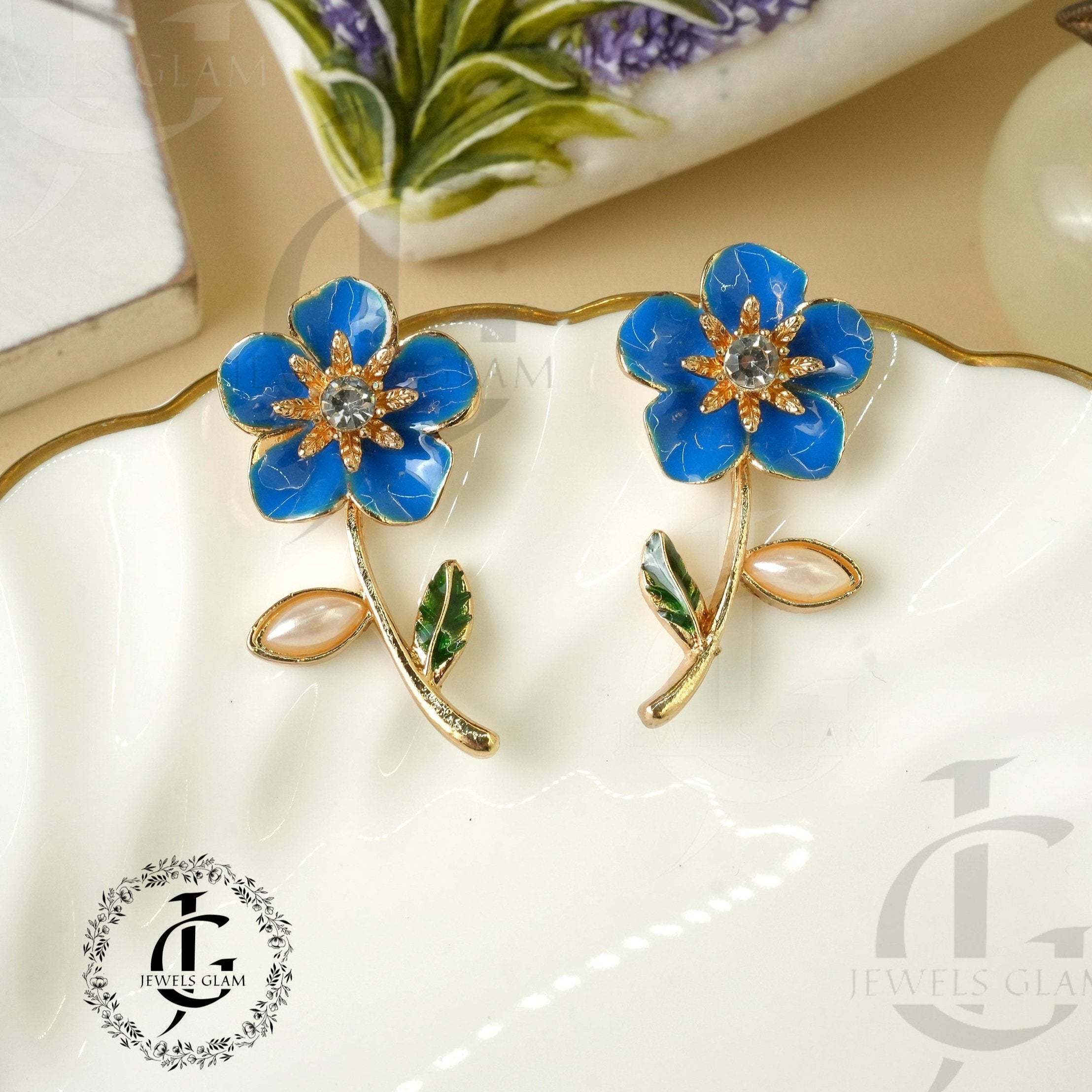 Vintage Blue Enamel Flower Stud Earring