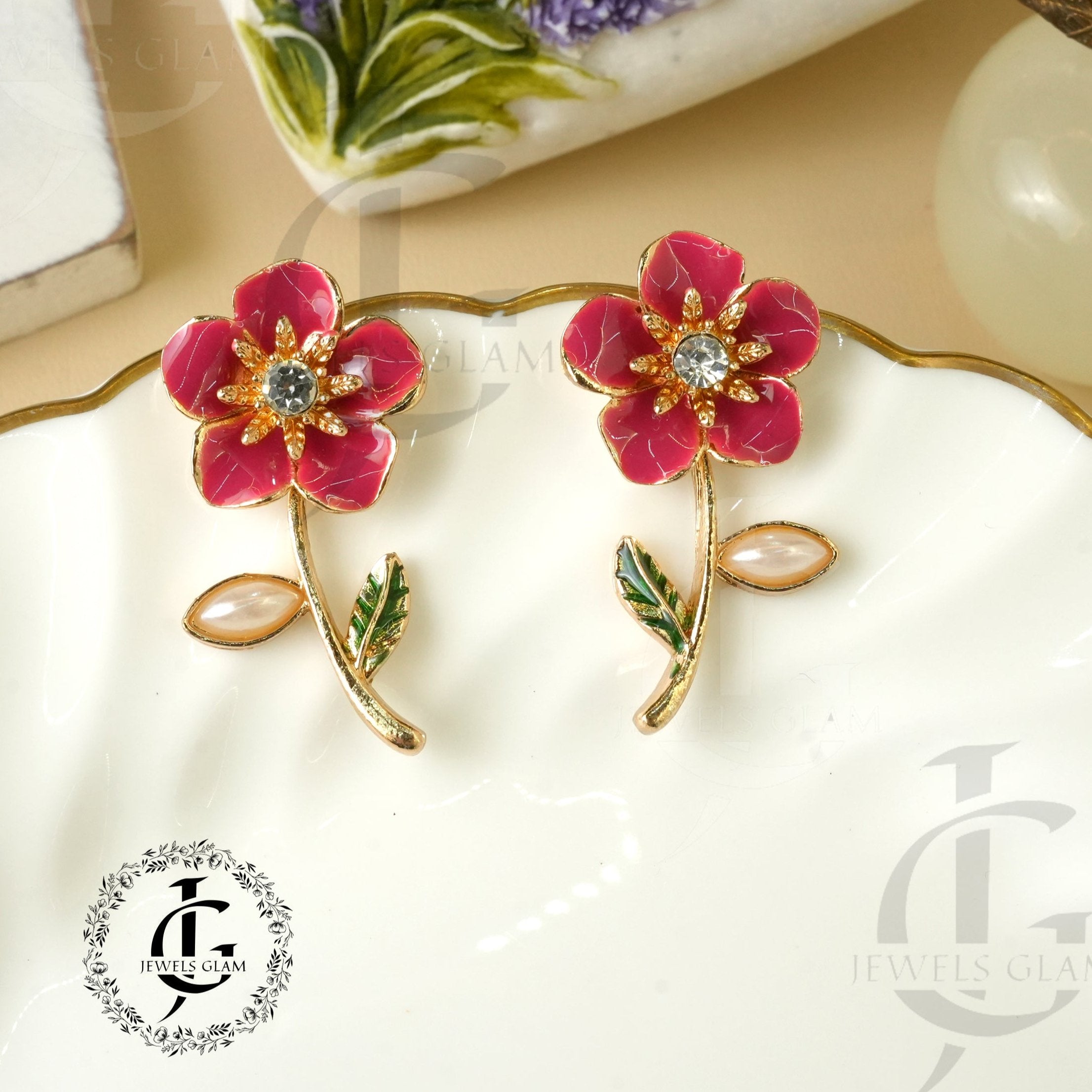 Vintage Red Enamel Flower Stud Earring