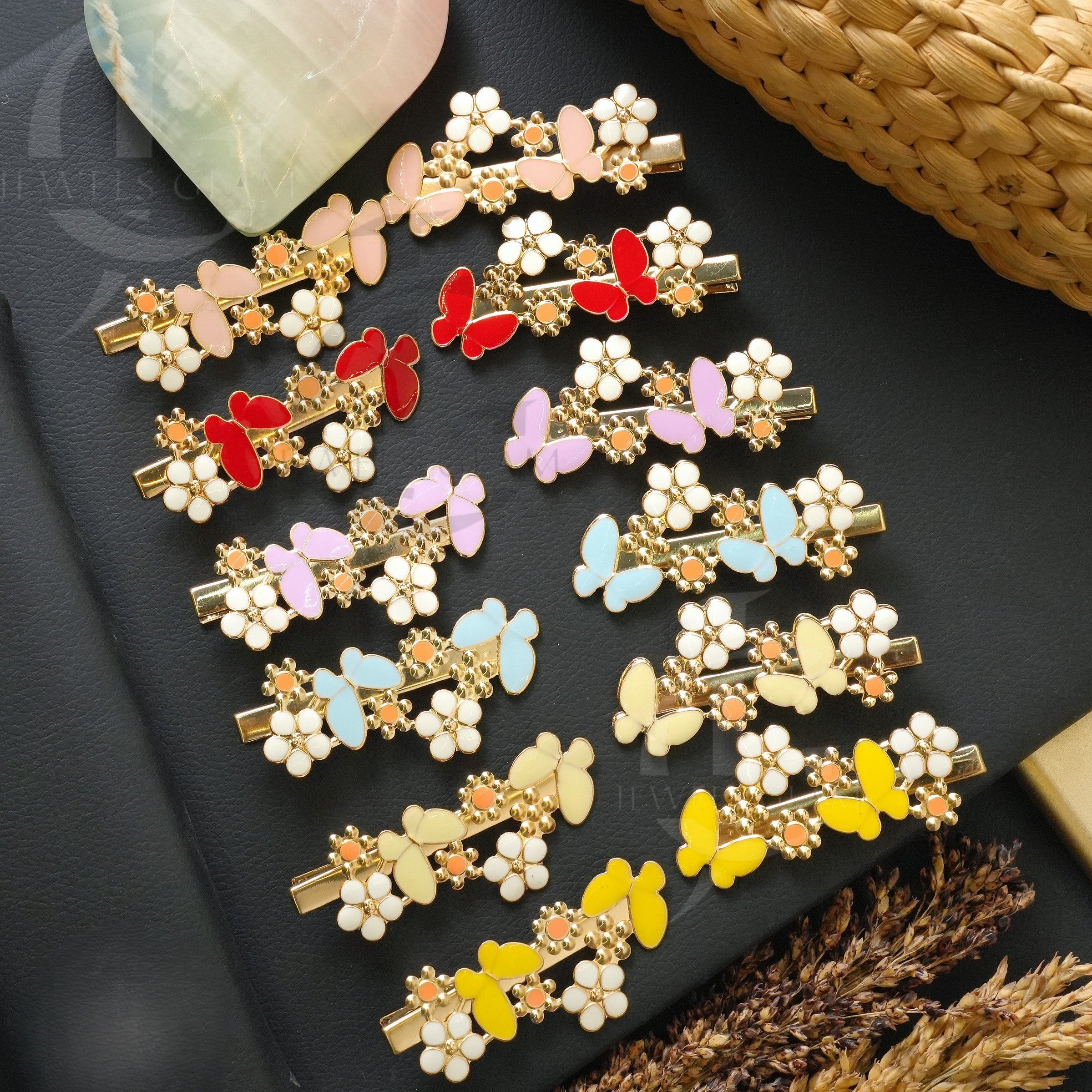 Butterfly & Floral Enamel Metal Hair Clips  (Pair)