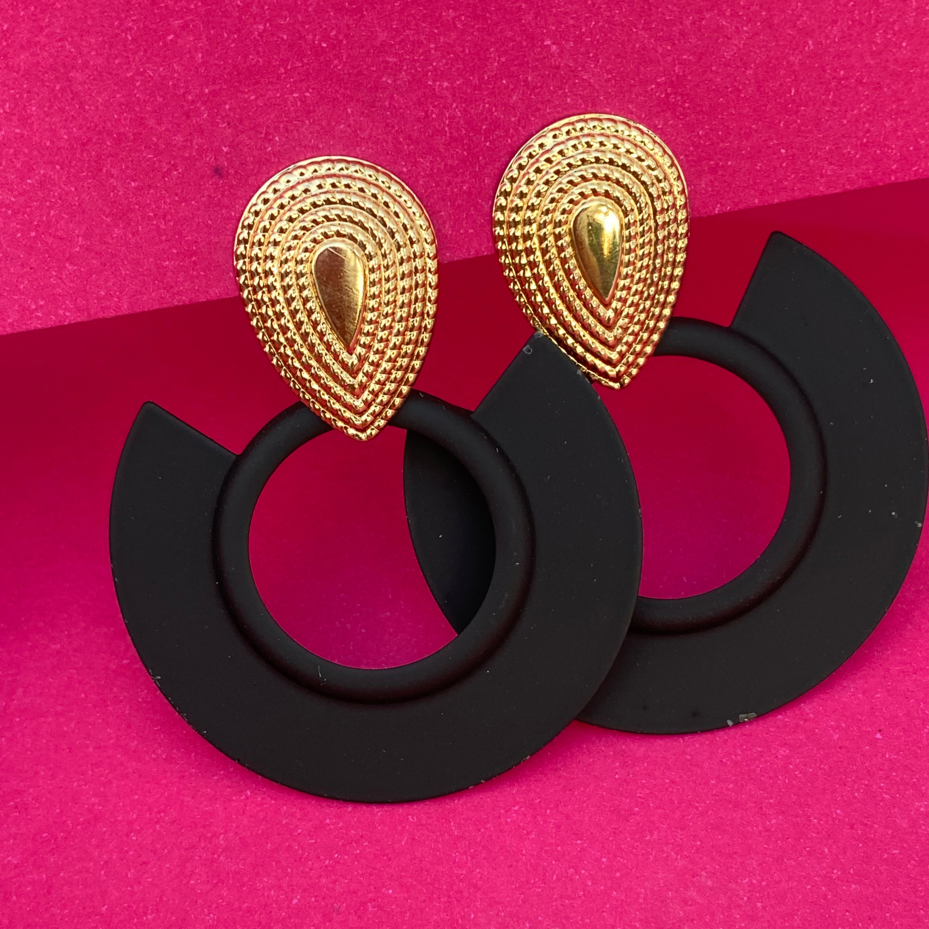 Matte Black & Gold Geometric Drop Earrings