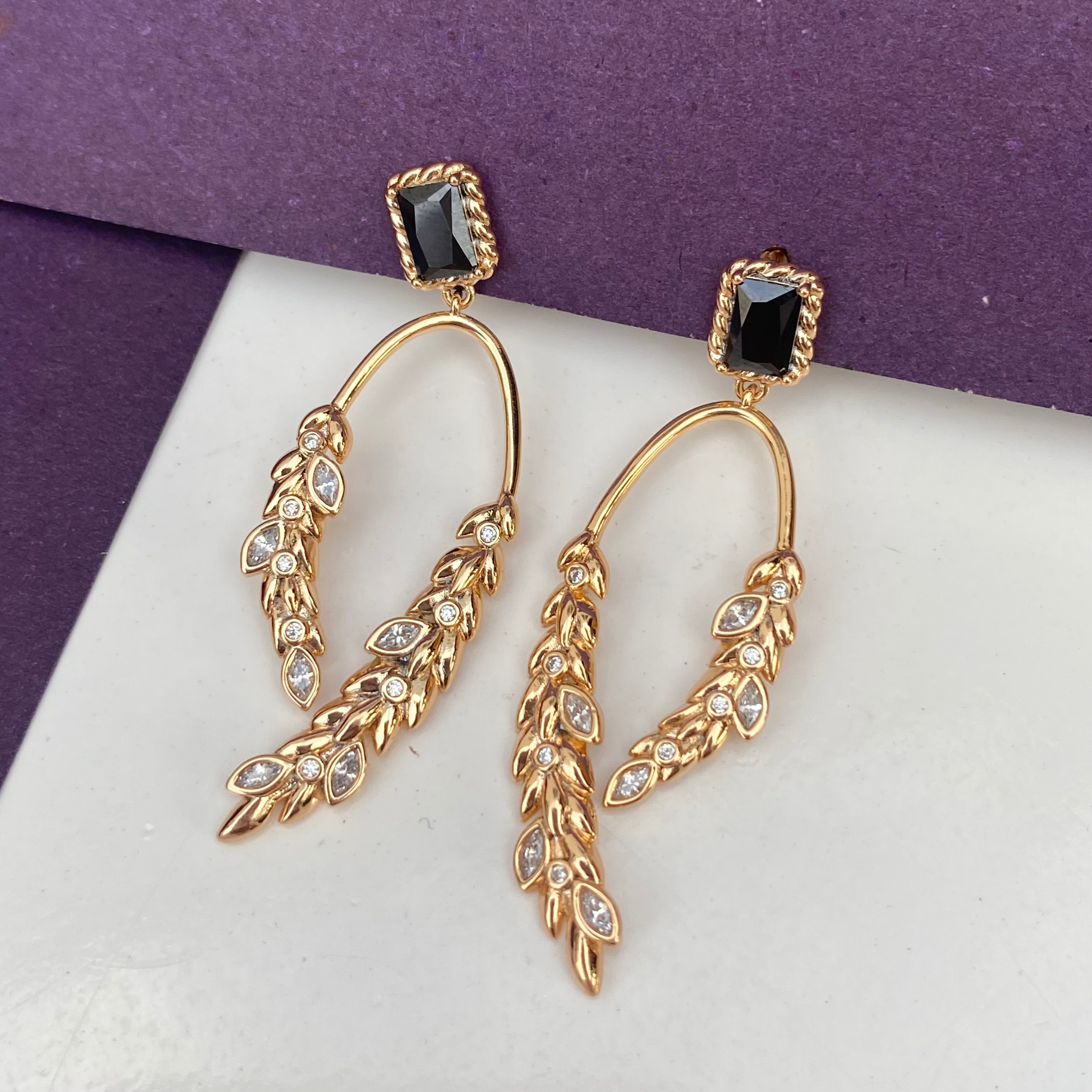 Golden Laurel Drop Earrings with Black Accent