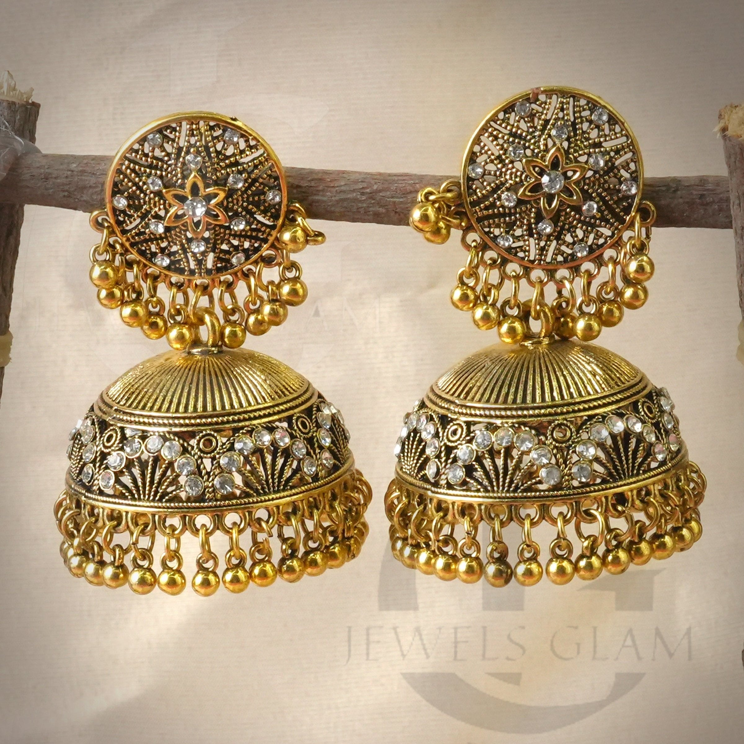 Antique Gold-Plated Floral Jhumki Earrings