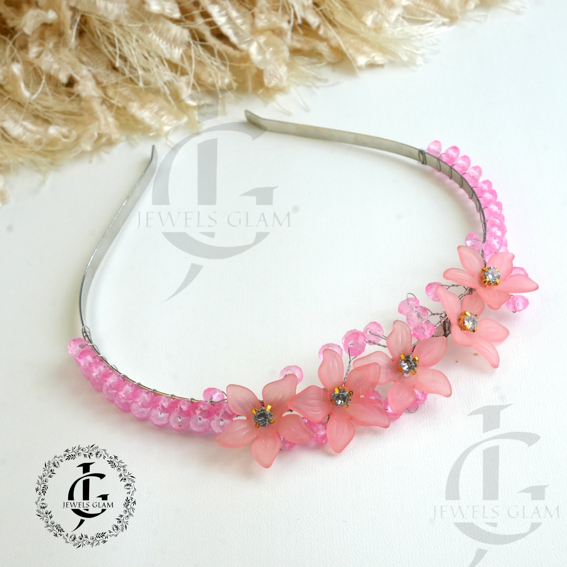 Pink Floral Crystal Embellished Metal Hair Band