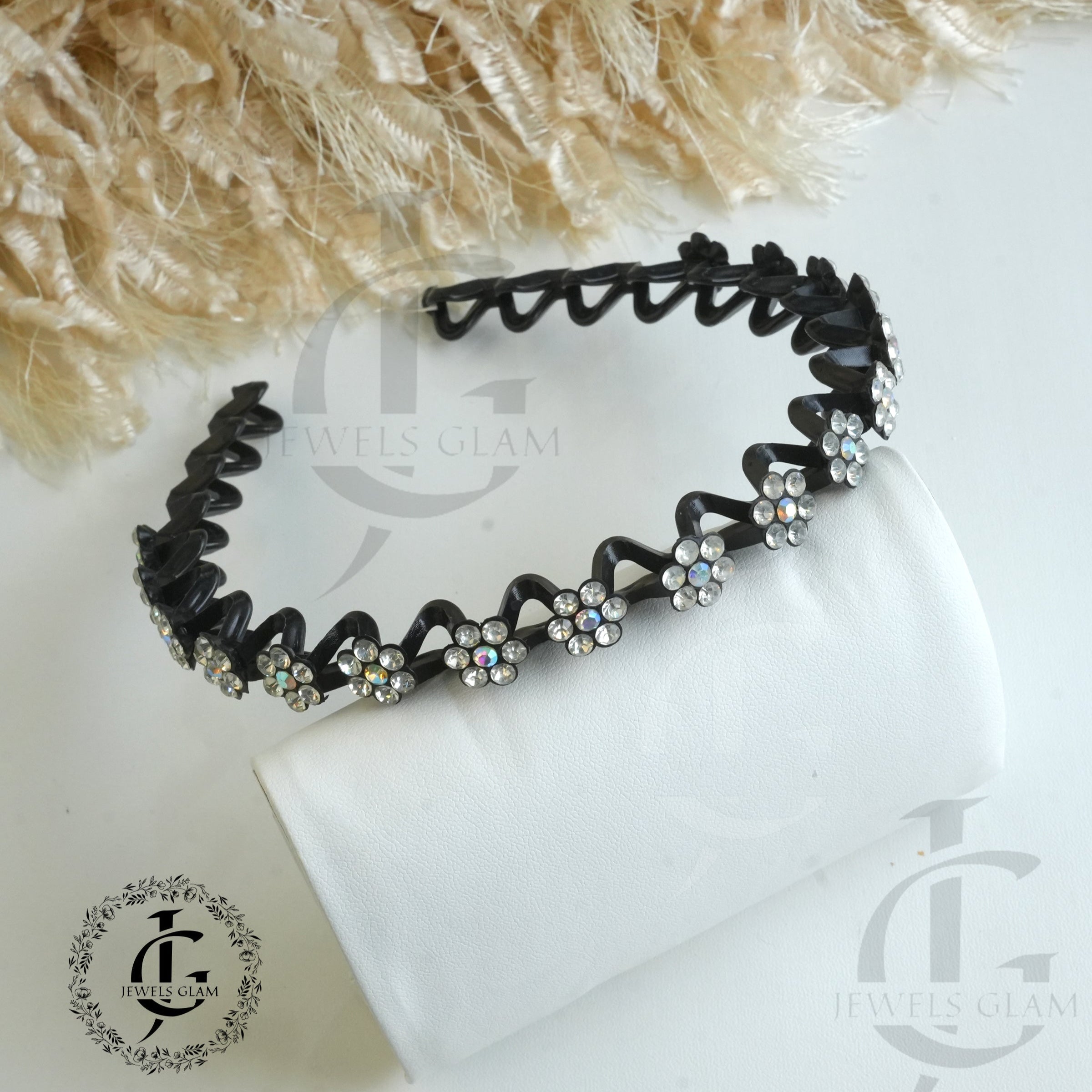 Black Headband With White Stone Flowers