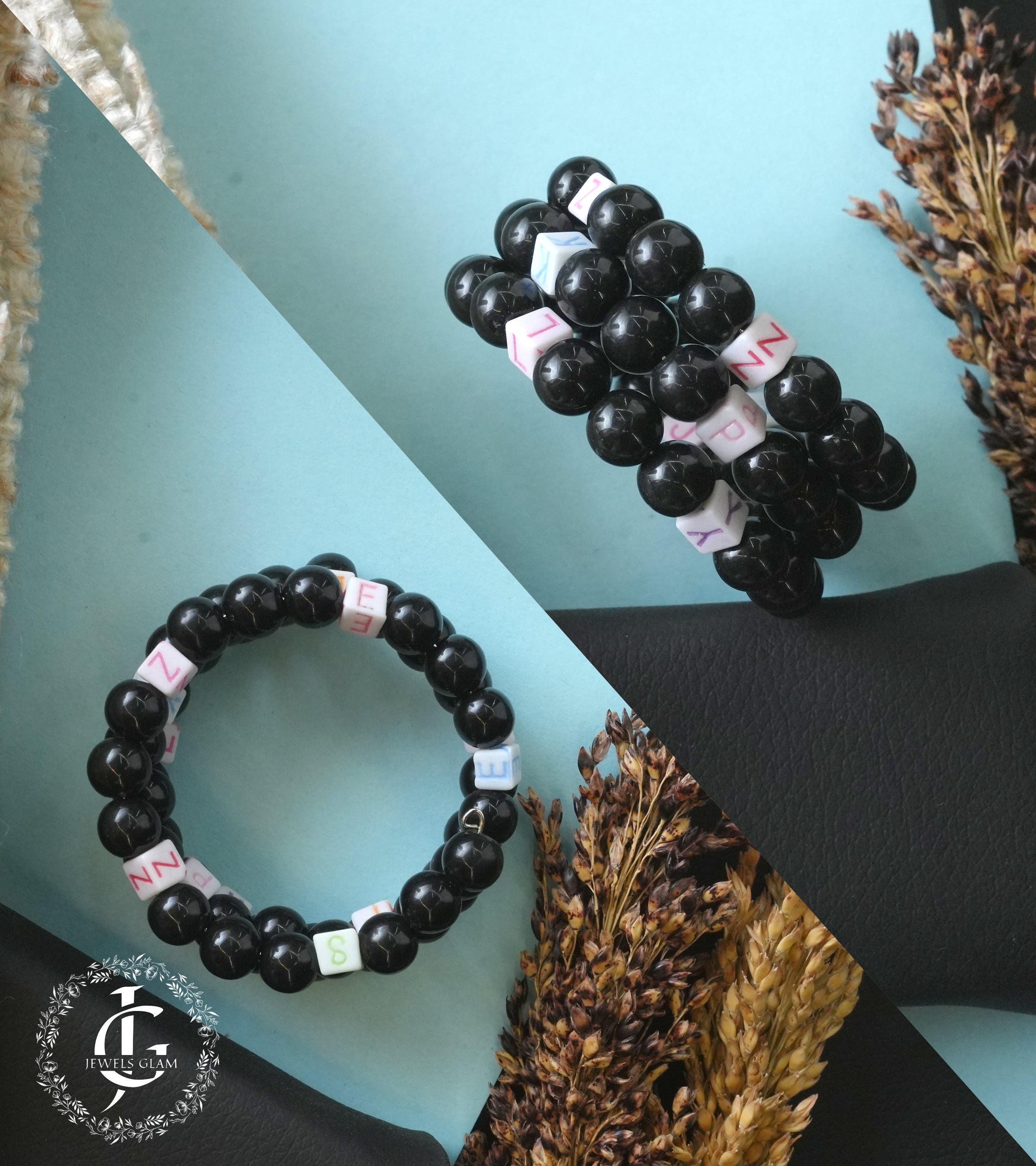 Black Beaded Alphabet Bracelet Set