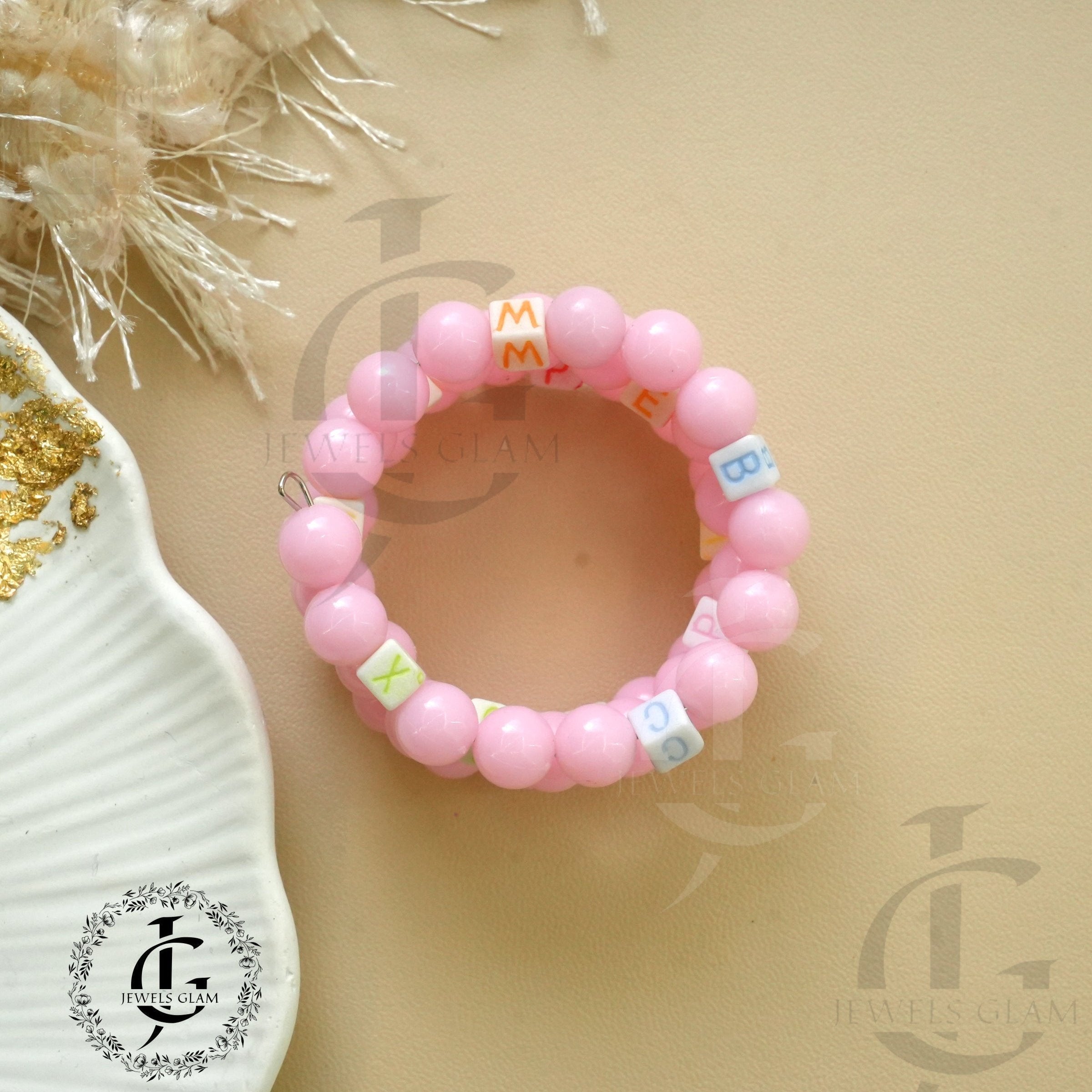 Pink Beaded Alphabet Bracelet Set