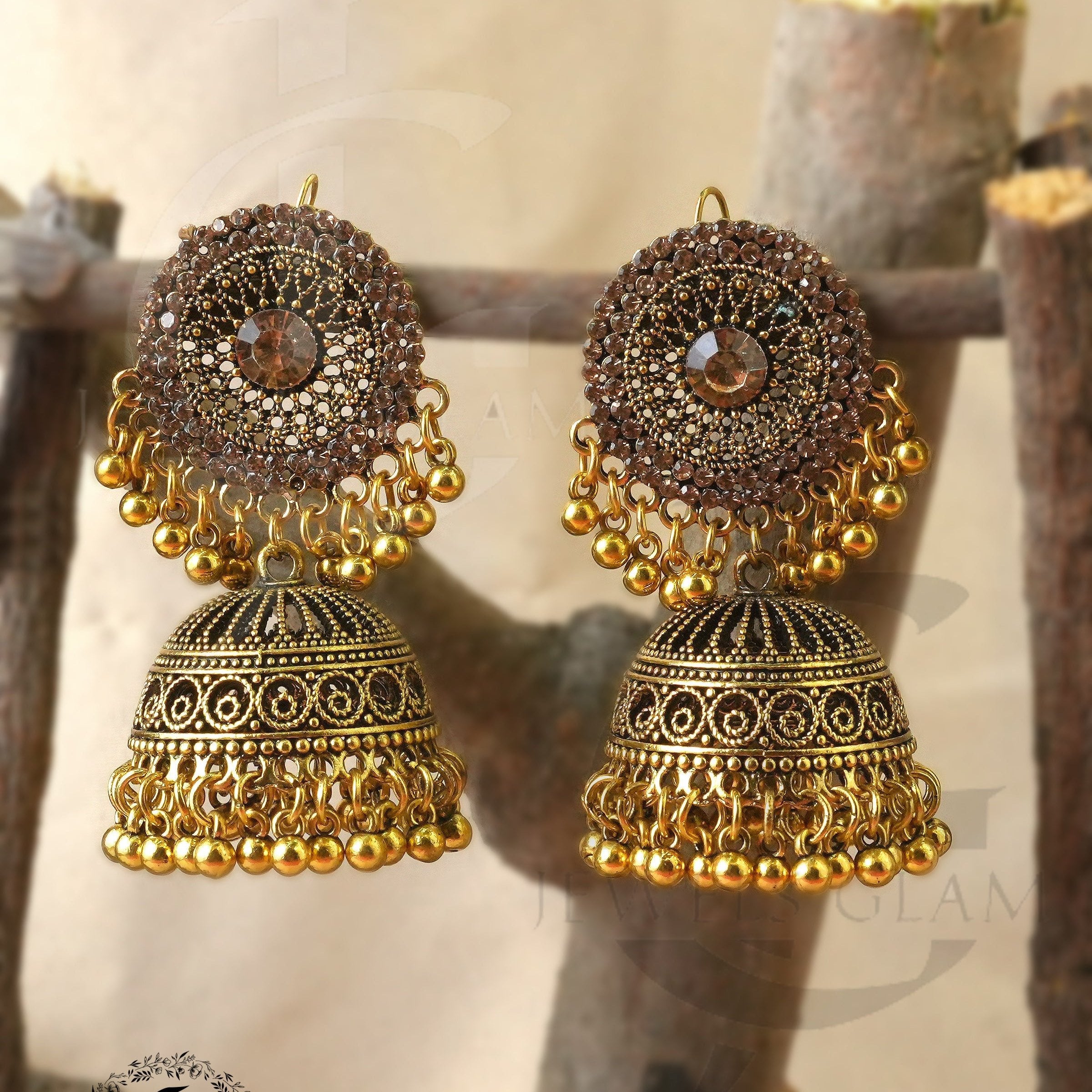 Antique Gold Finish Embellished Dome Jhumki Earrings
