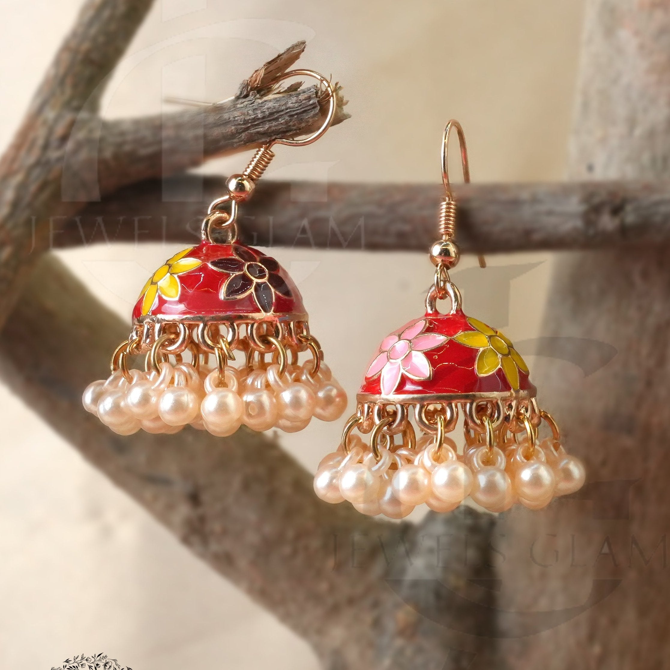 Vibrant Floral Enamel Jhumki with Pearl Detailing
