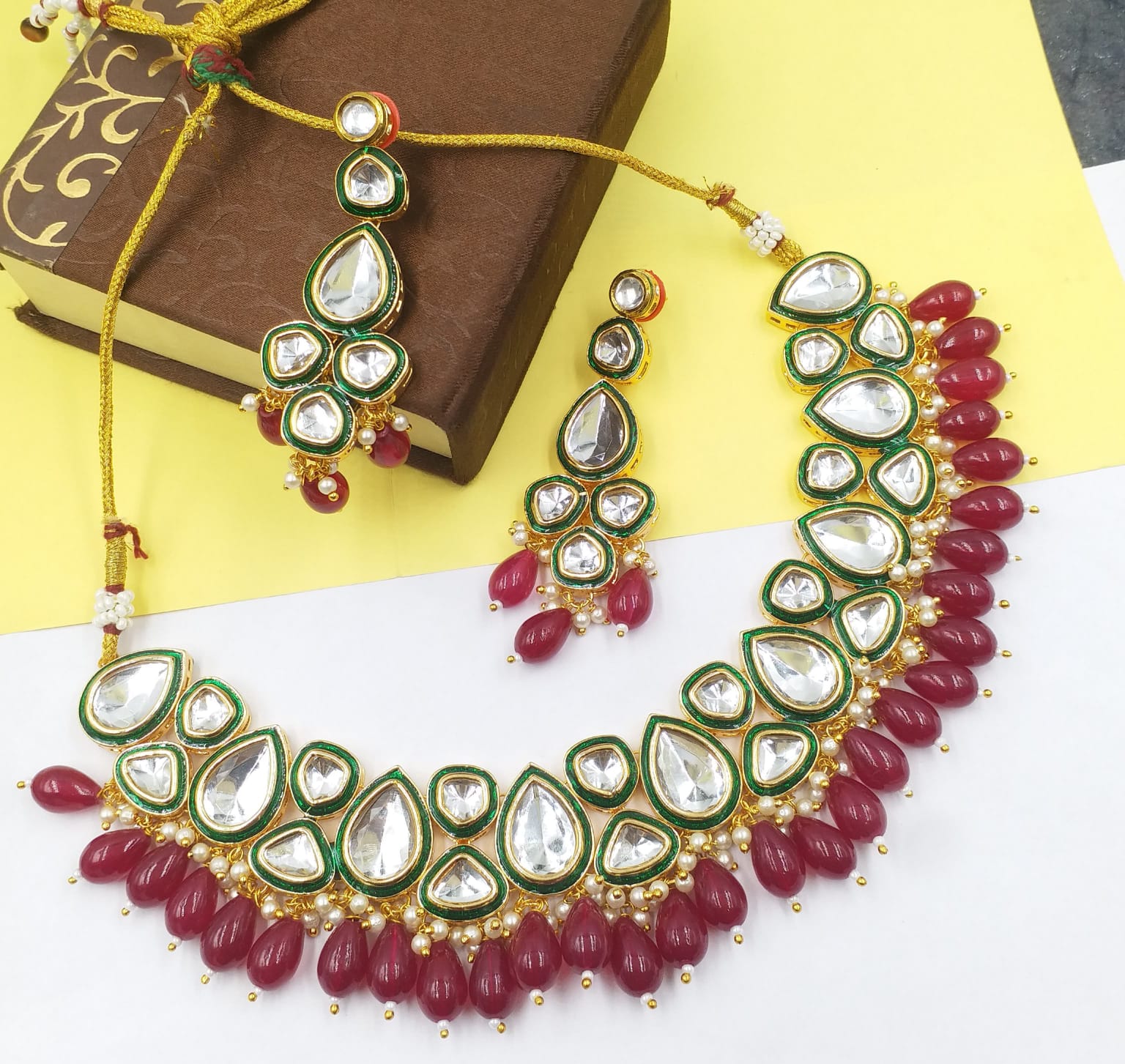 Kundan and Ruby Red Beaded Necklace Set