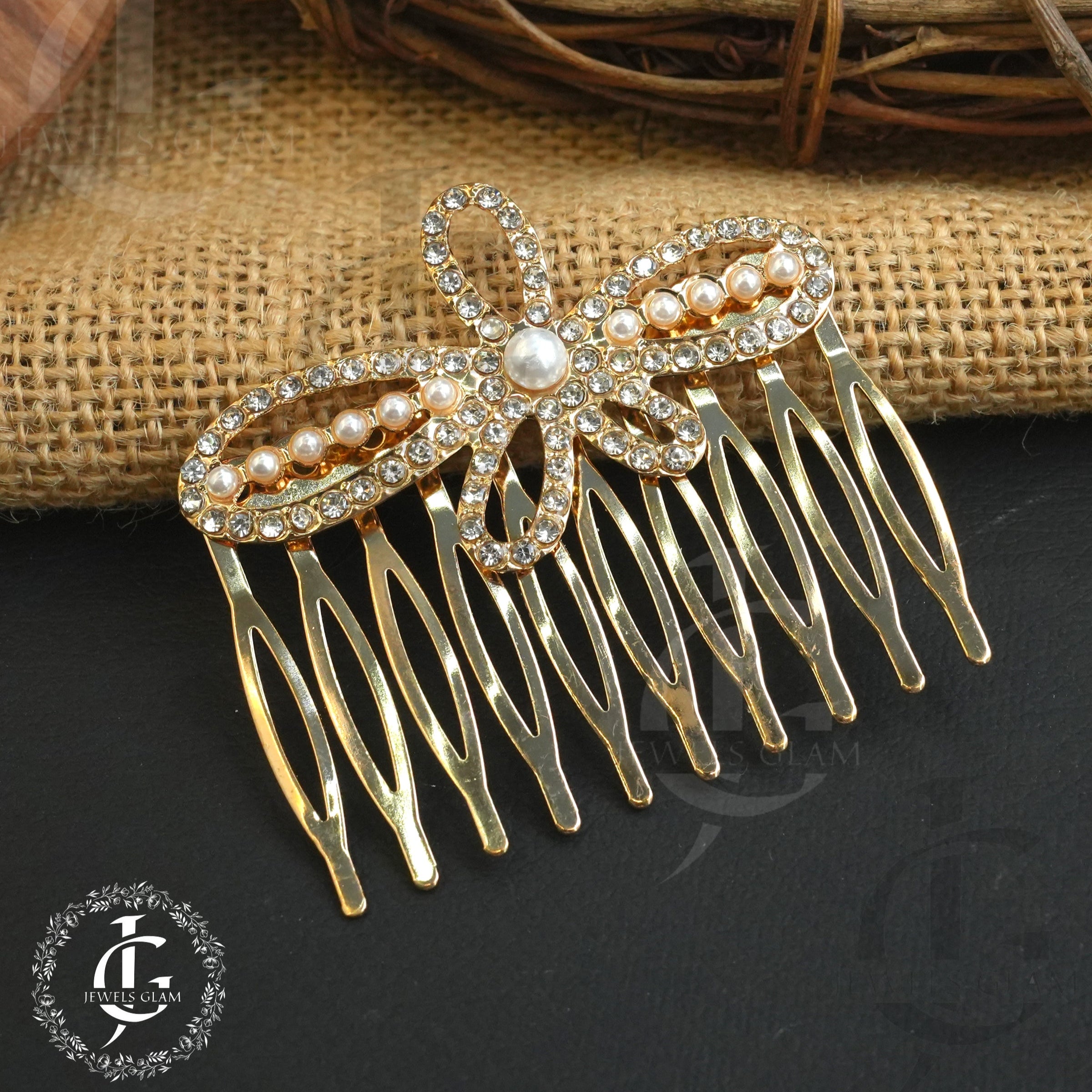 double Bow Gold Hair Comb with Crystal accents