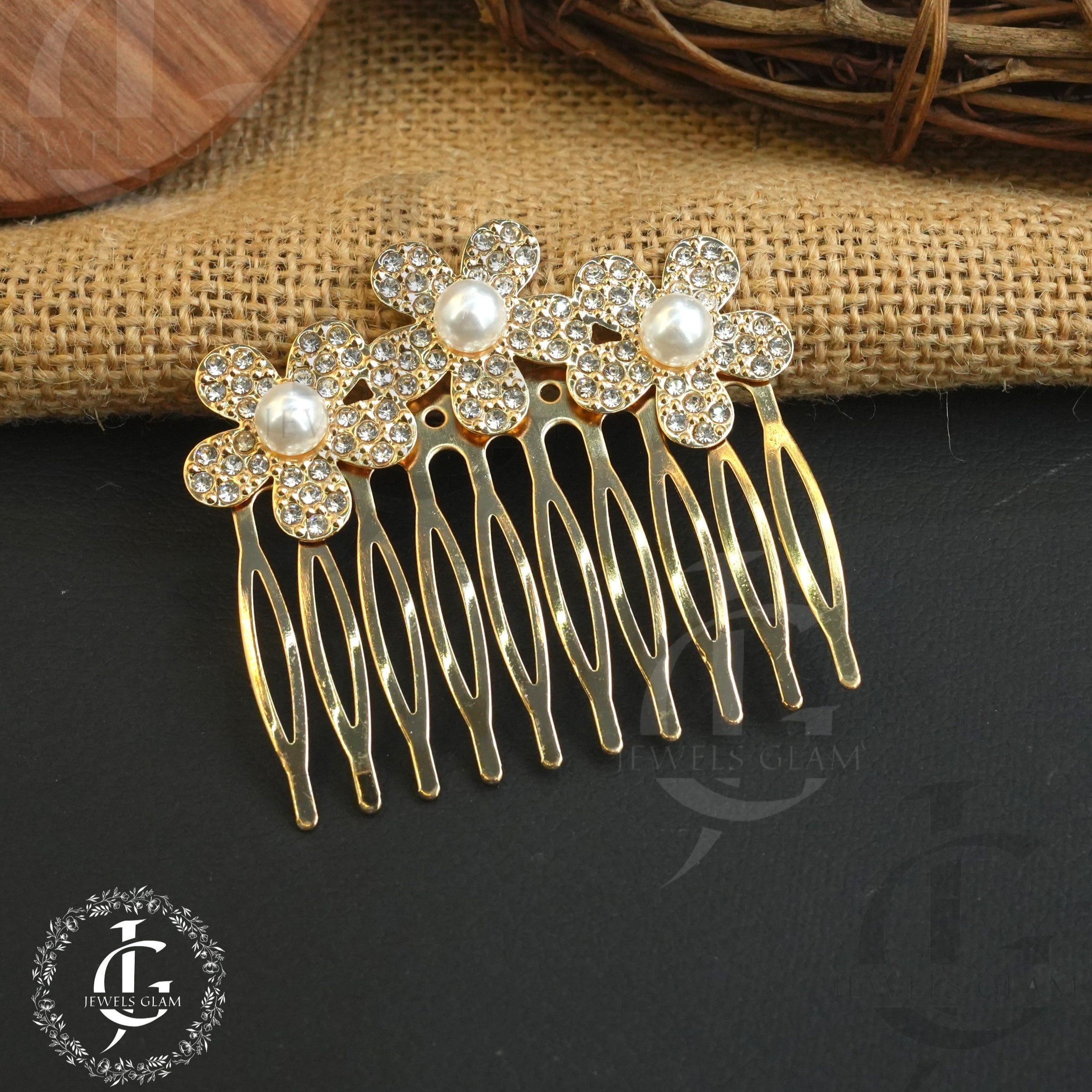 double Bow Gold Hair Comb with Crystal accents