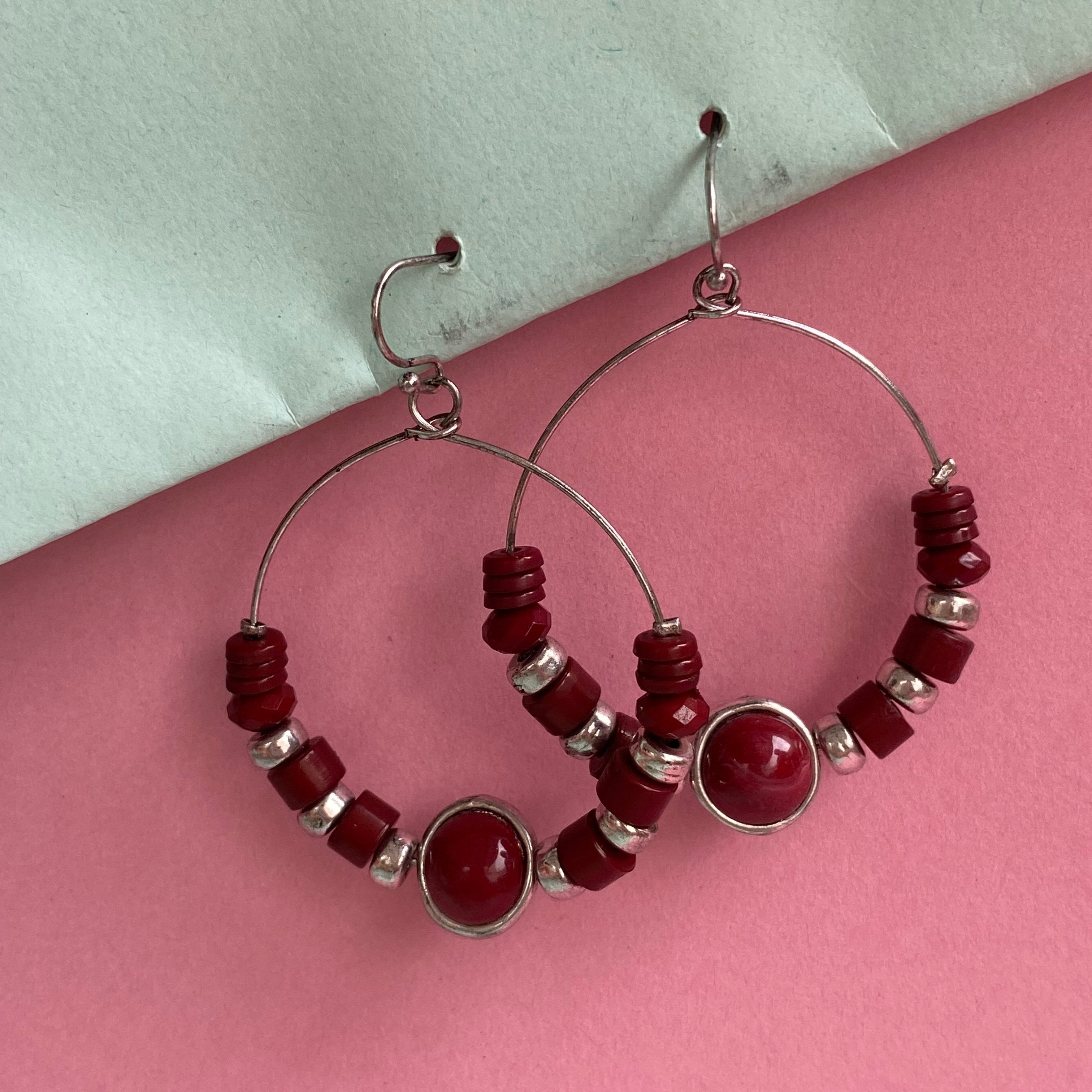 Bohemian Red Beaded Hoop Earrings