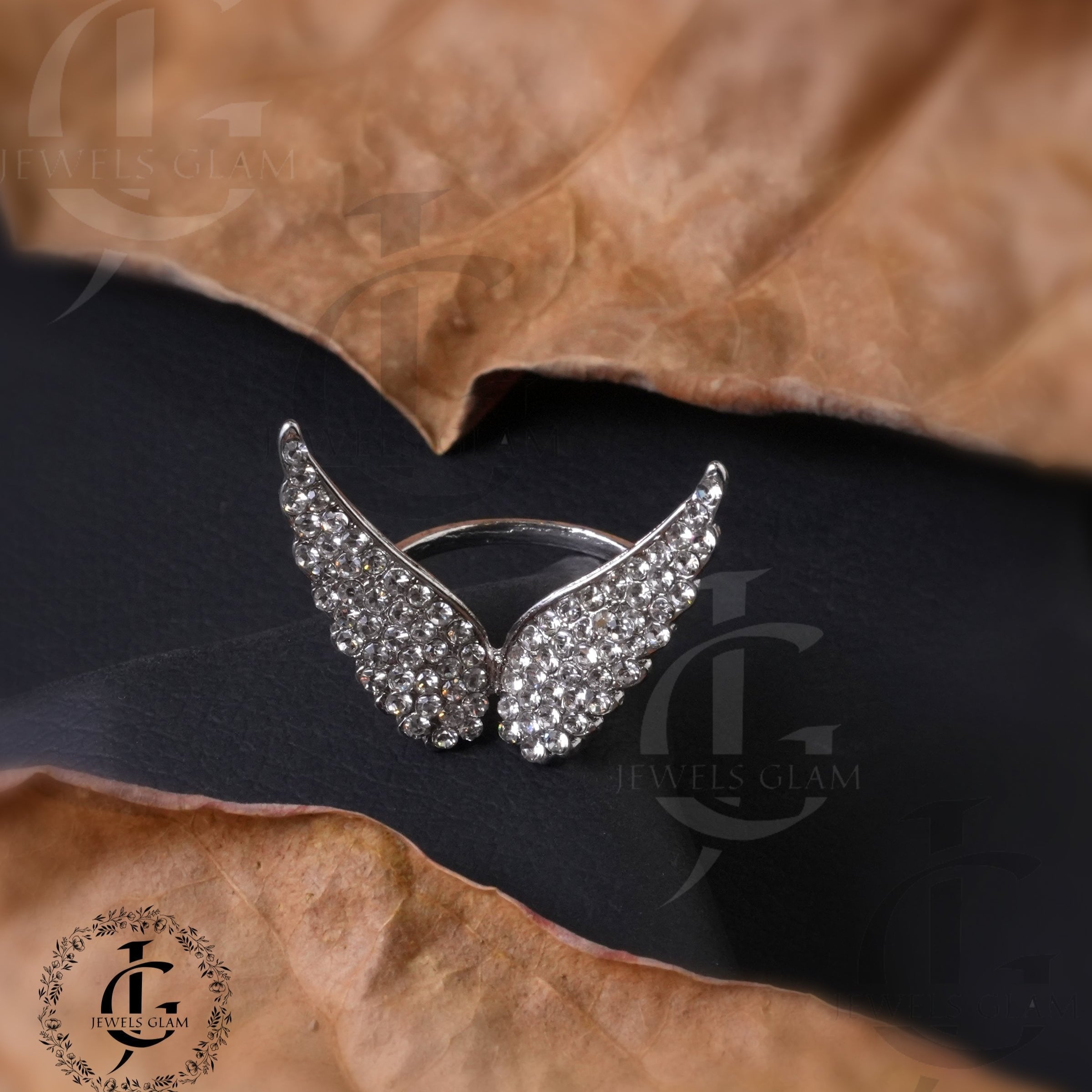 Silver Stone Studded Angel Wings Ring