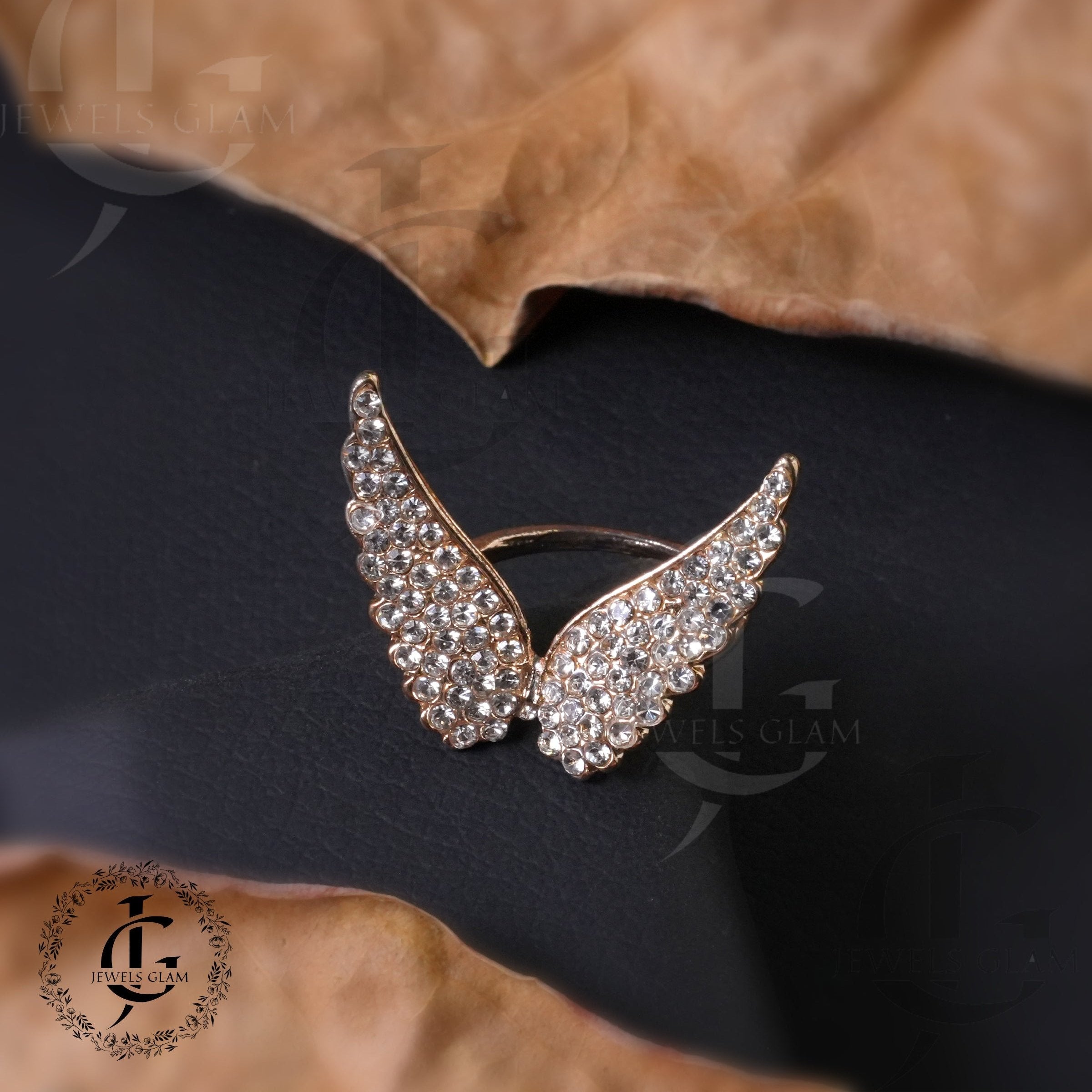 Gold Stone Studded Angel Wings Ring