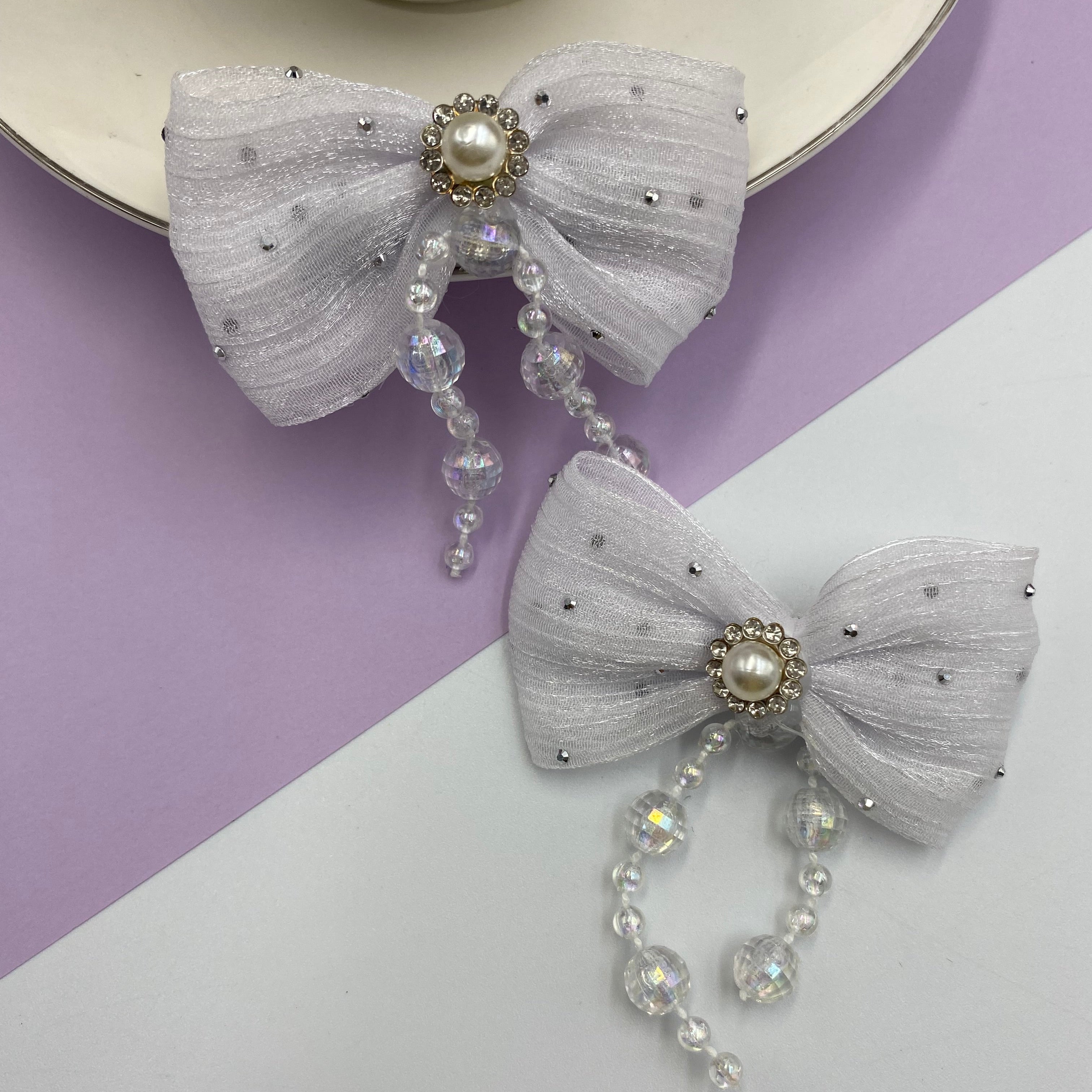 Elegant Pearl and Crystal Bow Hair Pins (Pair)