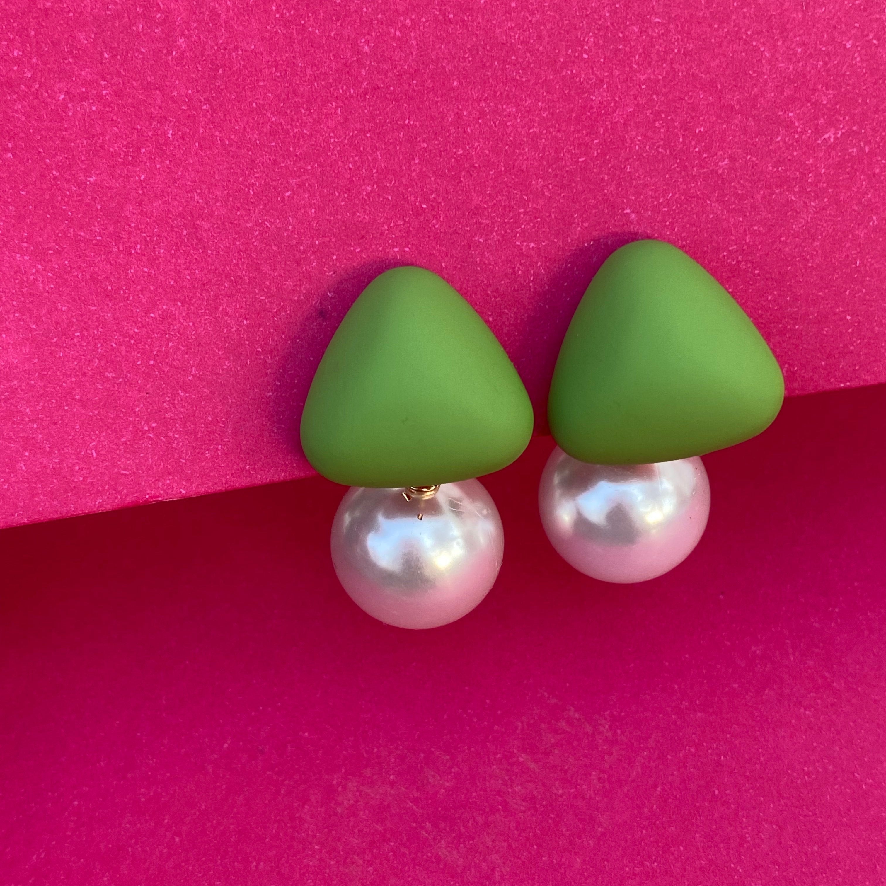 Bold Green Triangle Pearl Drop Earrings
