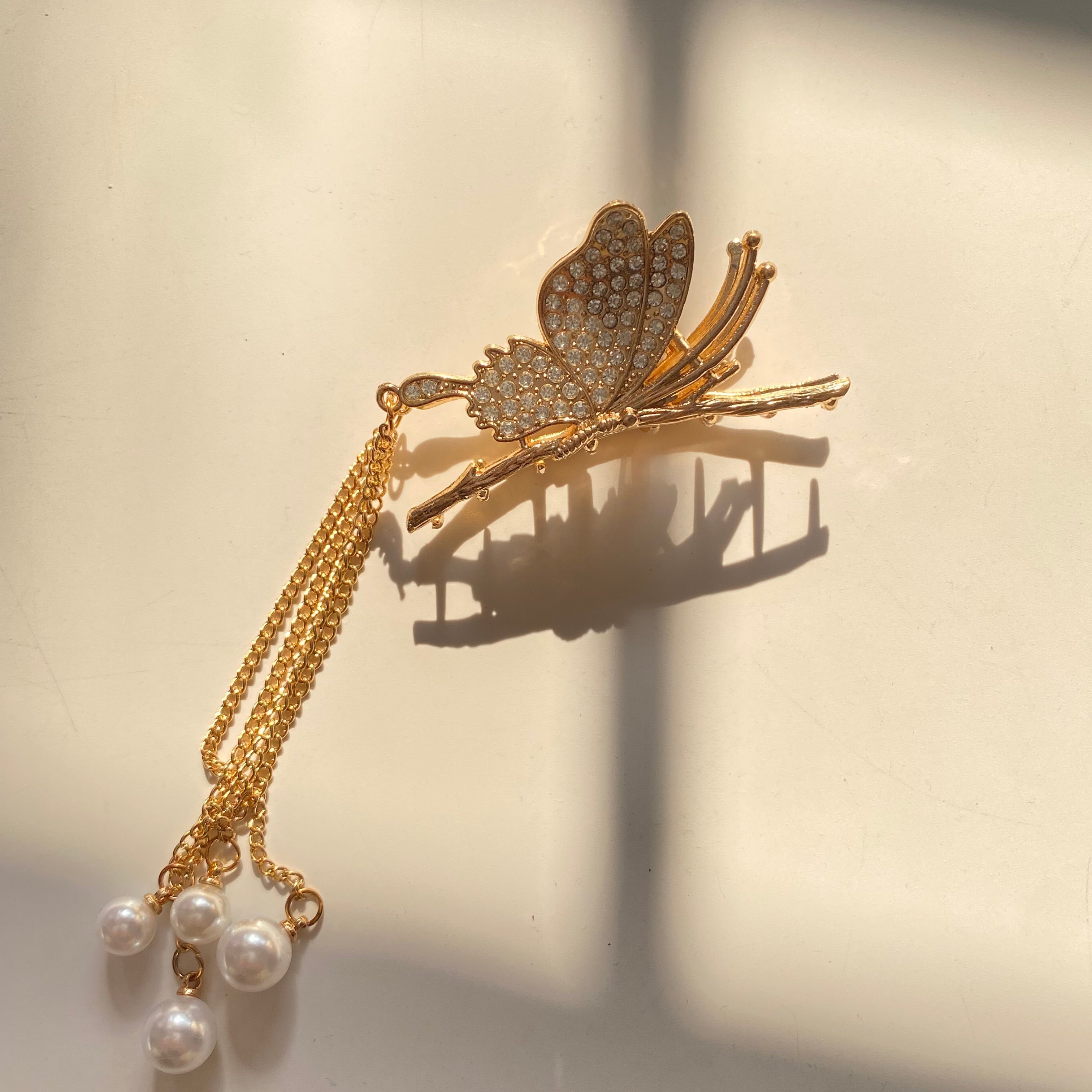 Golden Butterfly Hair Clip with Pearl Chain Dangles