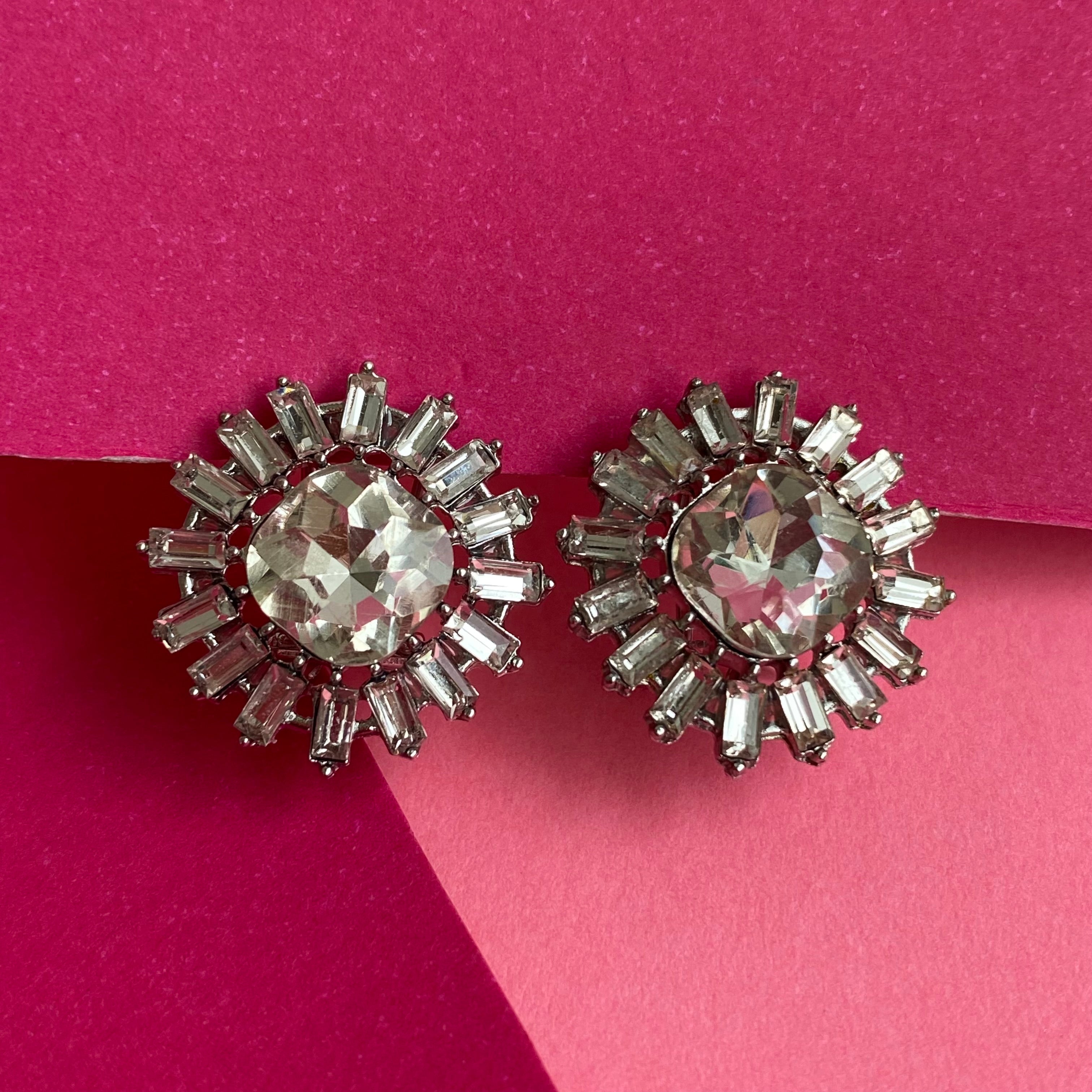 Sparkling Silver Sunburst Crystal Stud Earrings