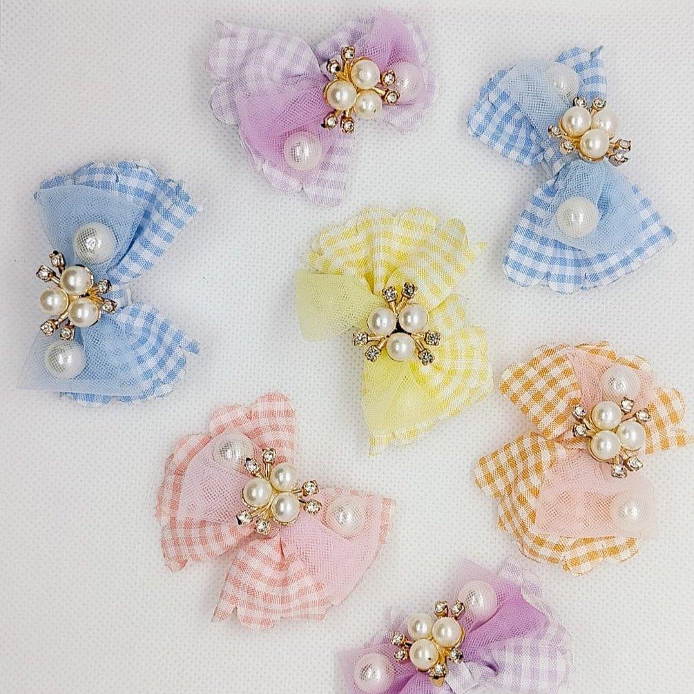 Gingham Pearl Bow Hair Clips(Pair)