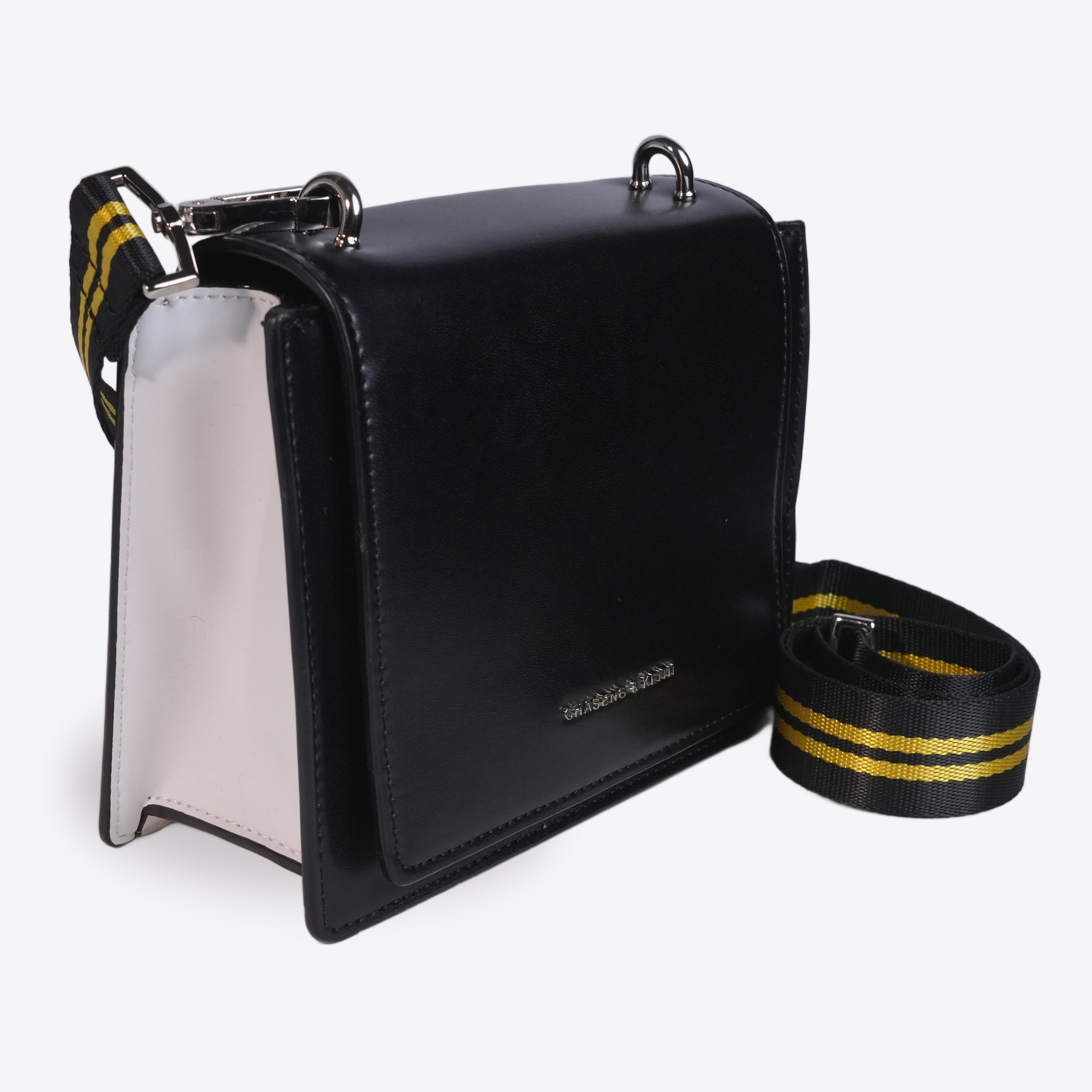 Black & White Leather Bag With Long Strap