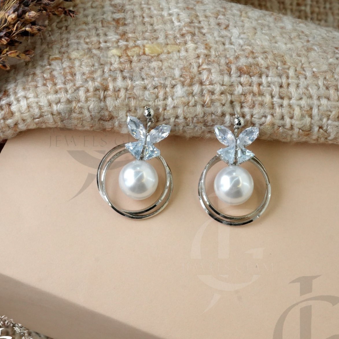 Silver Pearl Hoop Earrings with Crystal Butterfly Accent