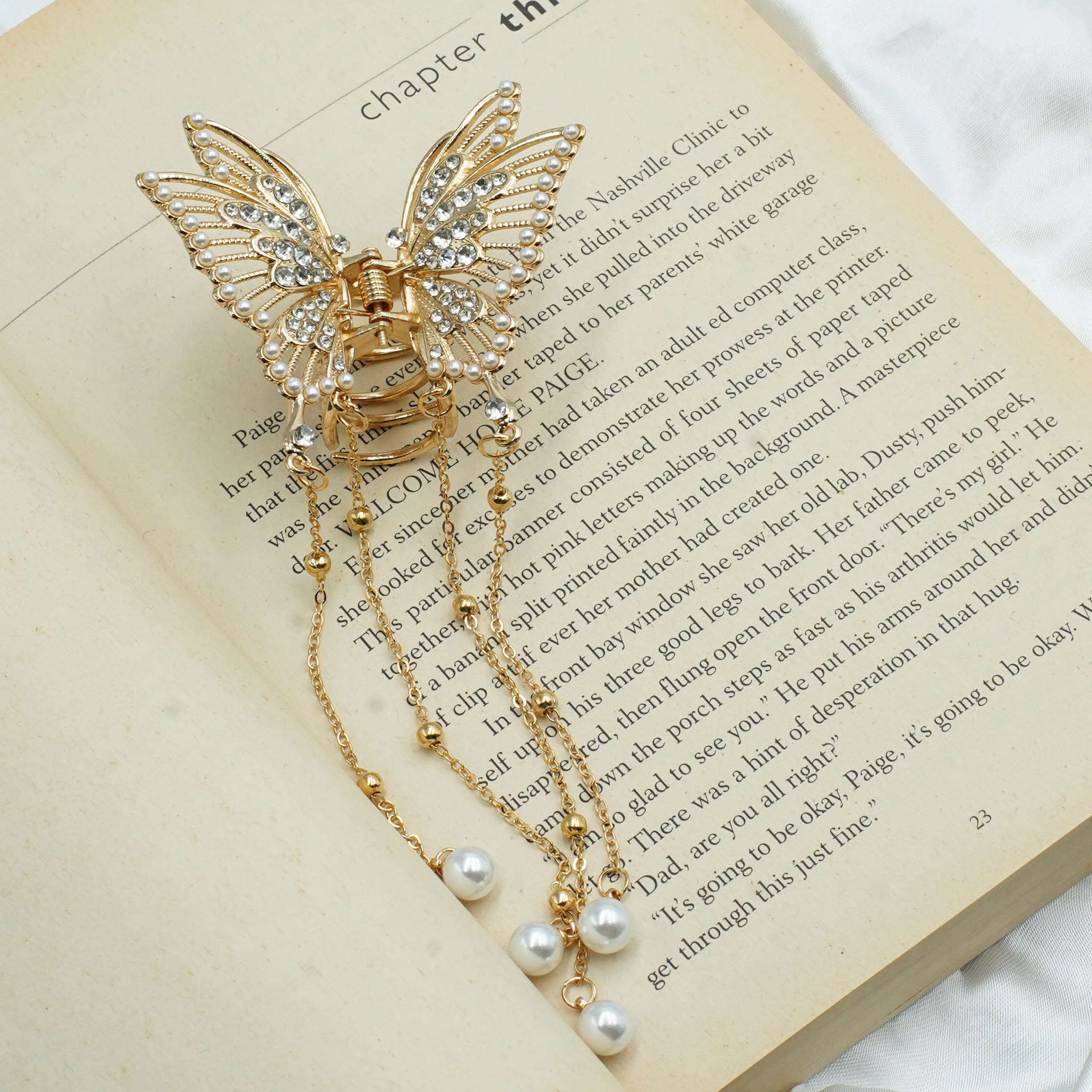 Gold Butterfly Rhinestone Hair Claw with Pearl Charms