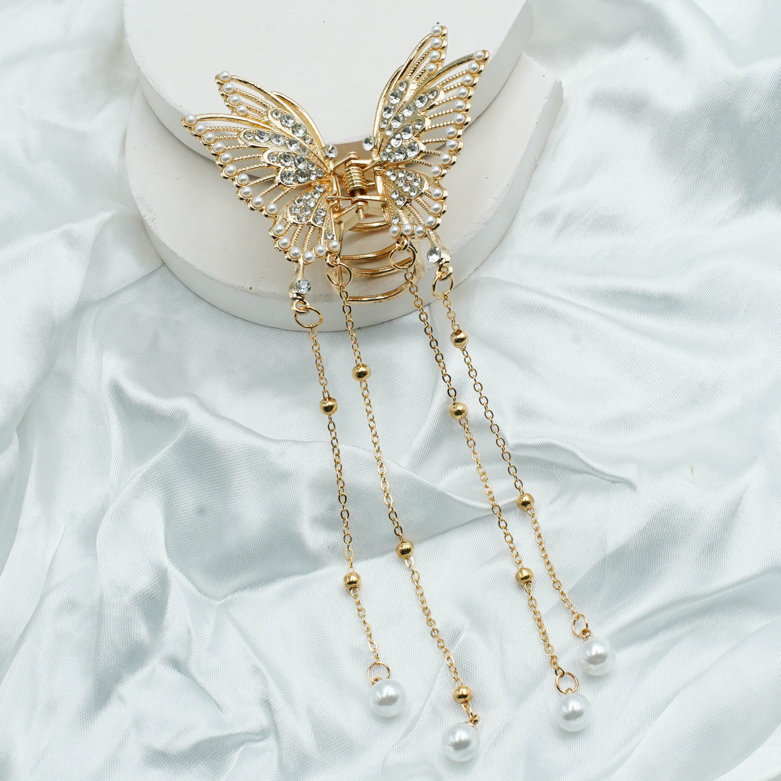Gold Butterfly Rhinestone Hair Claw with Pearl Charms