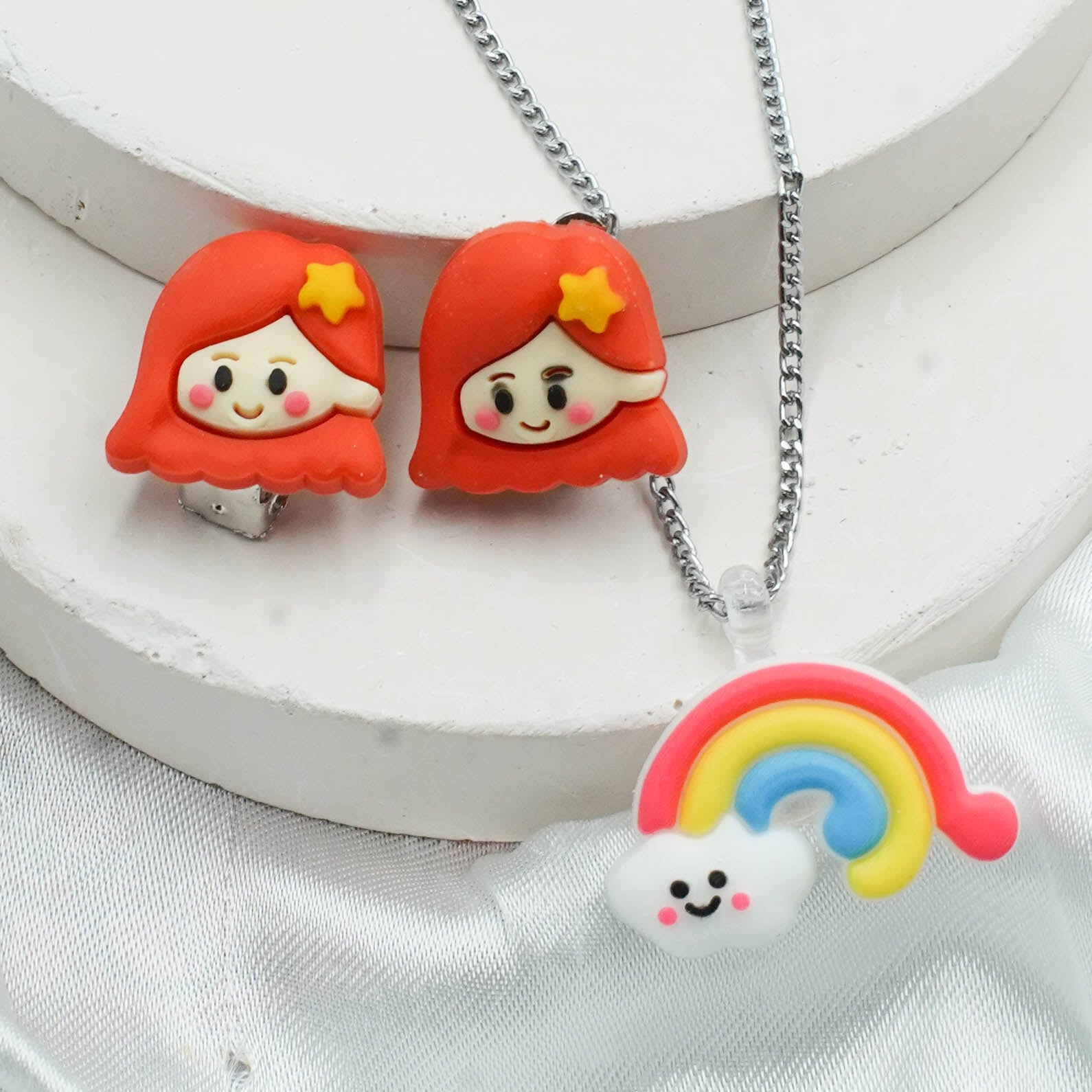 Rainbow Charm Necklace and Red-Haired Girl Earrings Set