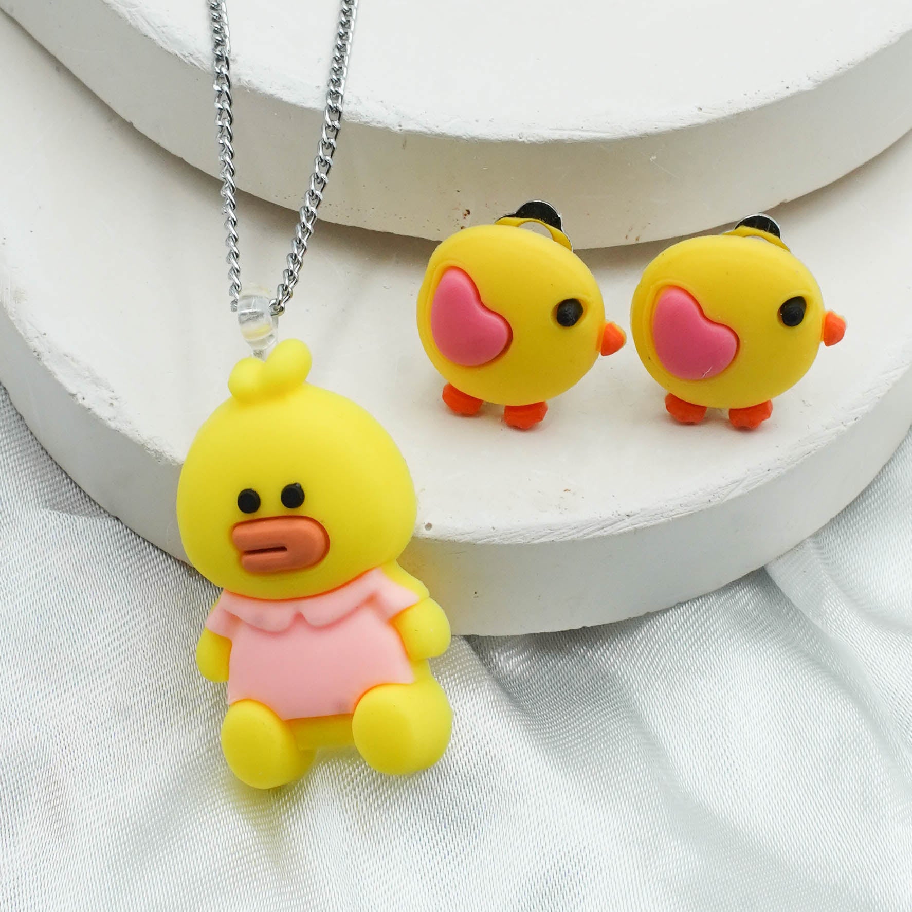 Playful Duck Pendant Necklace and Earrings Set