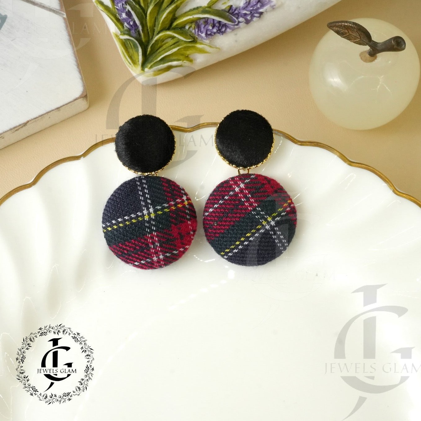 Plaid Fabric Button Drop Earrings