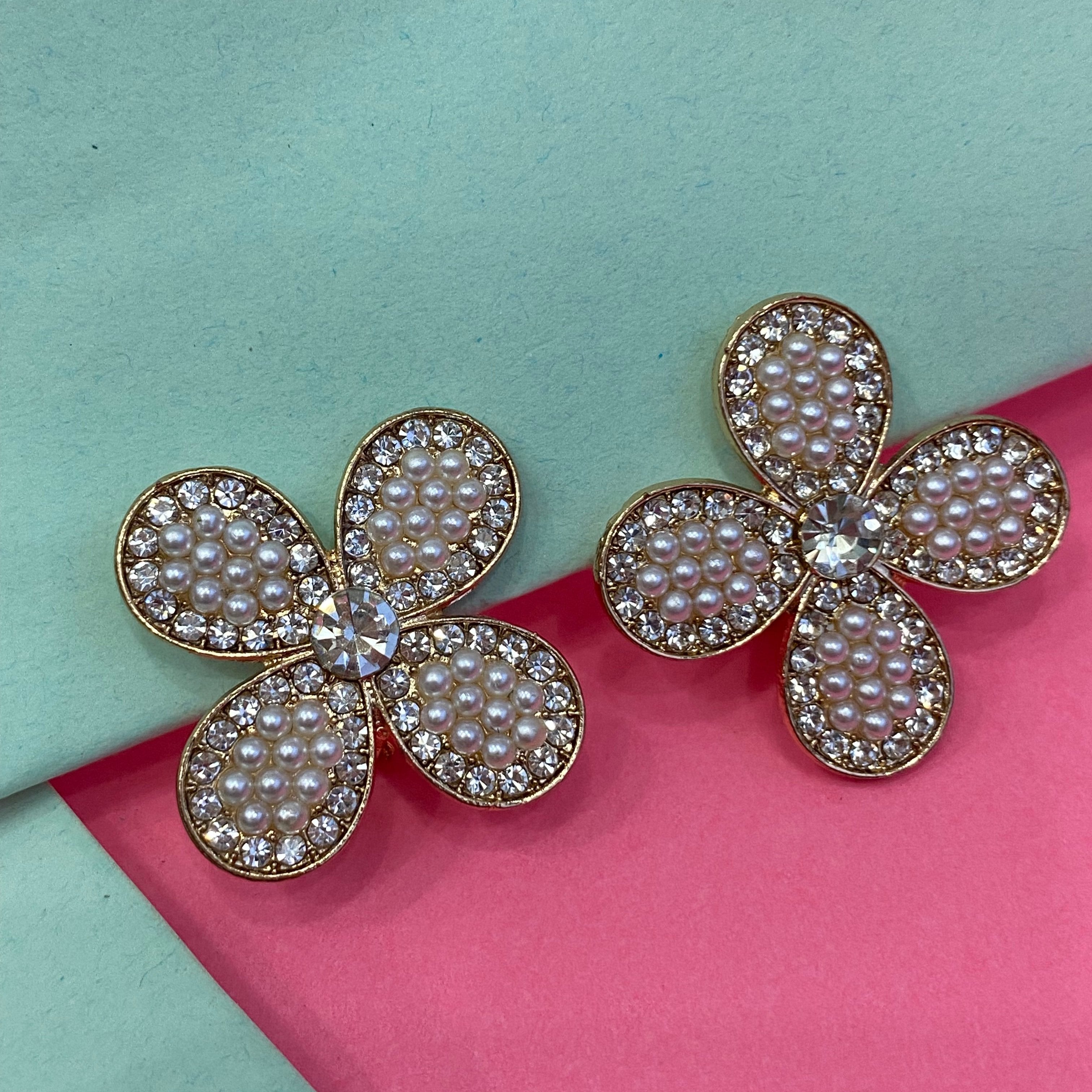 Pearl & Rhinestone Flower Ear Studs