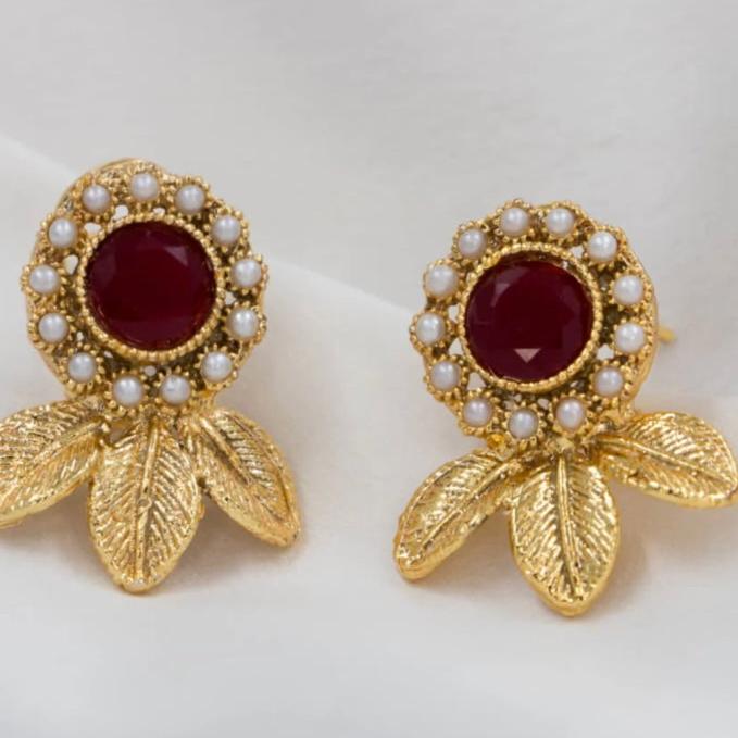 Ruby Floral Gold Drop Earrings
