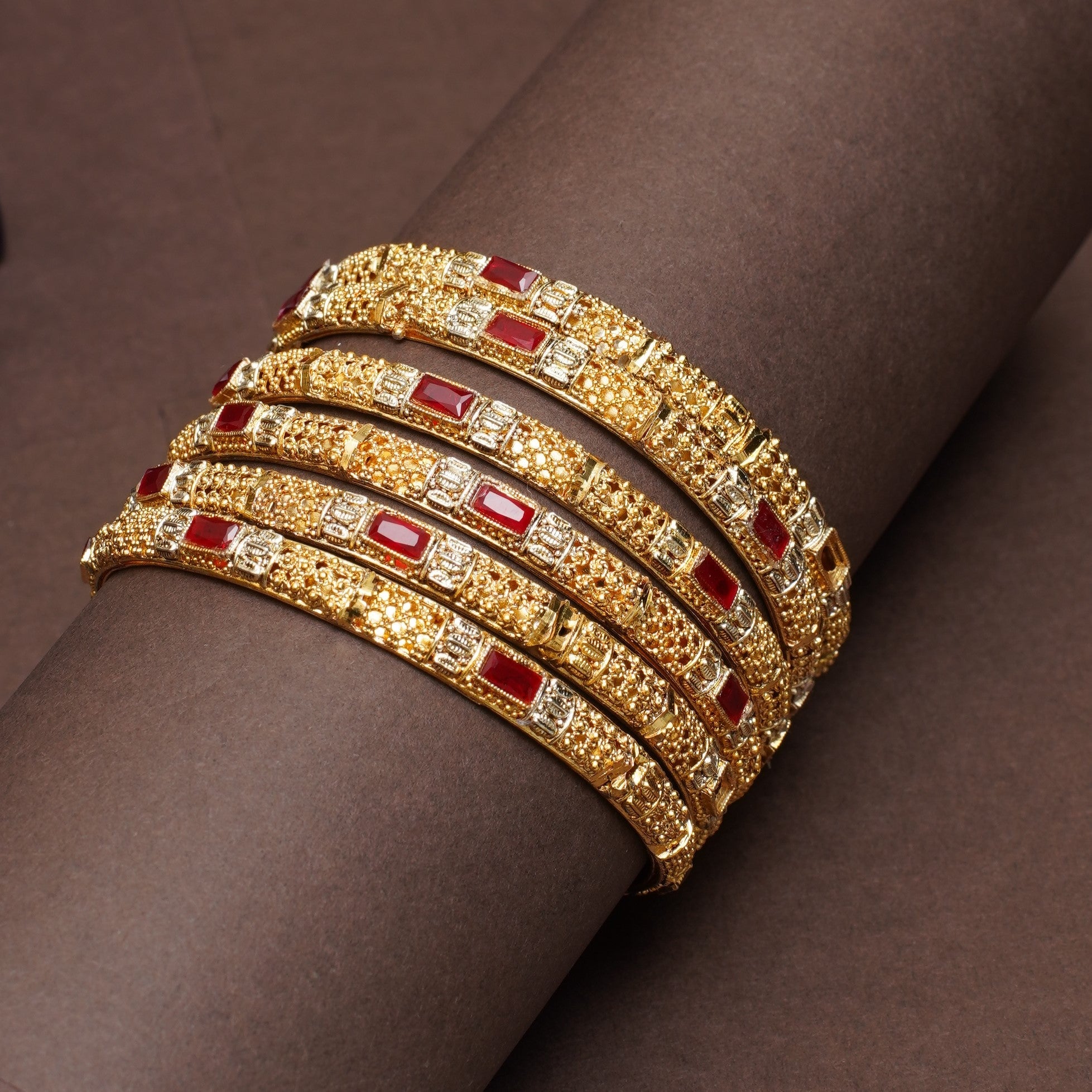 Exquisite Gold Bangles with Ruby-Red and Diamond Detailing 2pc